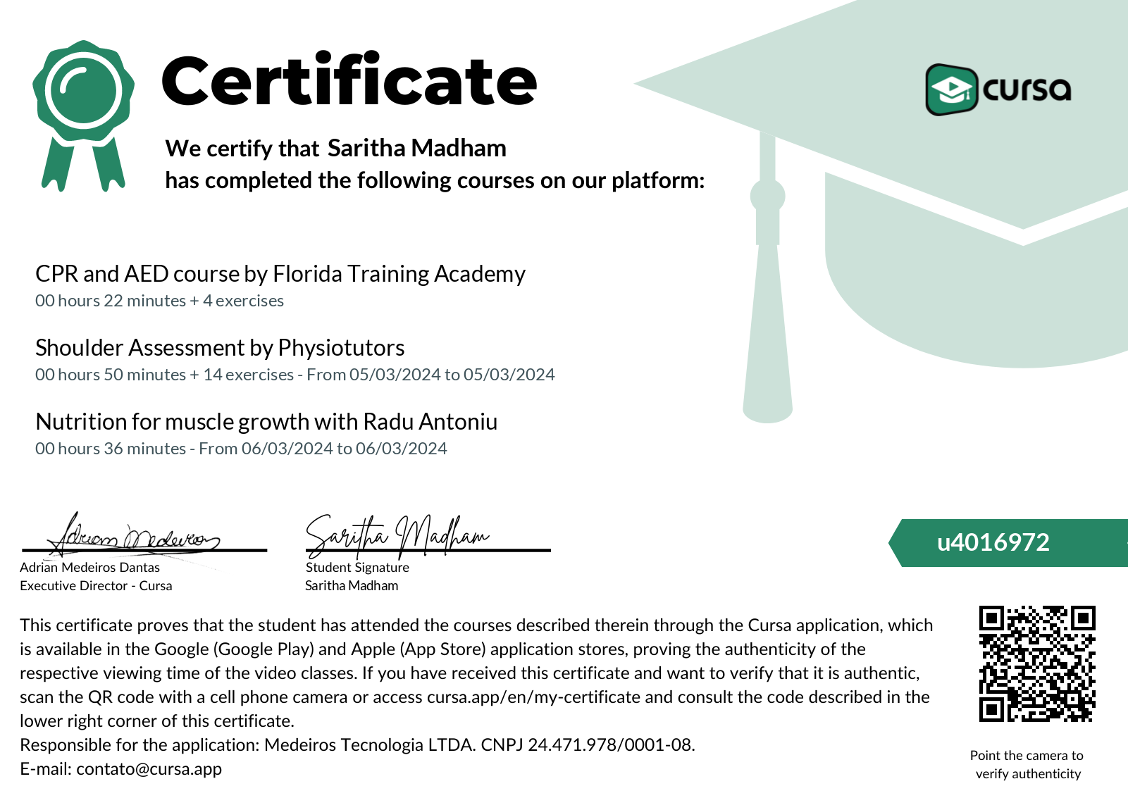 Image of my free Course Completion Certificate.