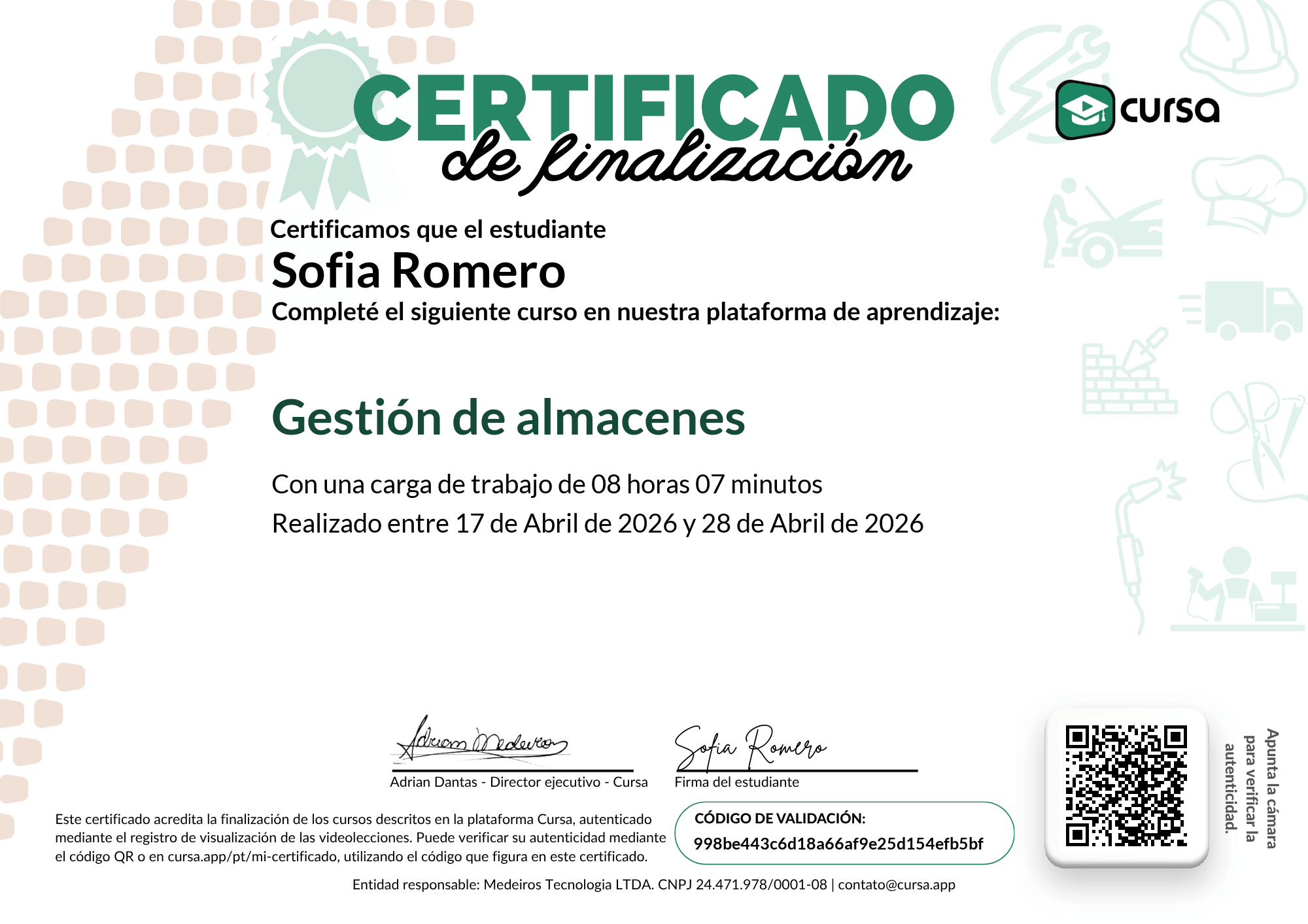 Imagen de mi Certificado de finalización del curso gratuito.