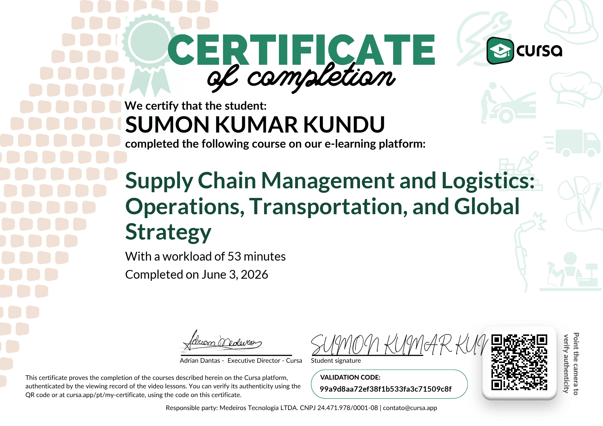 Image of my free Course Completion Certificate.