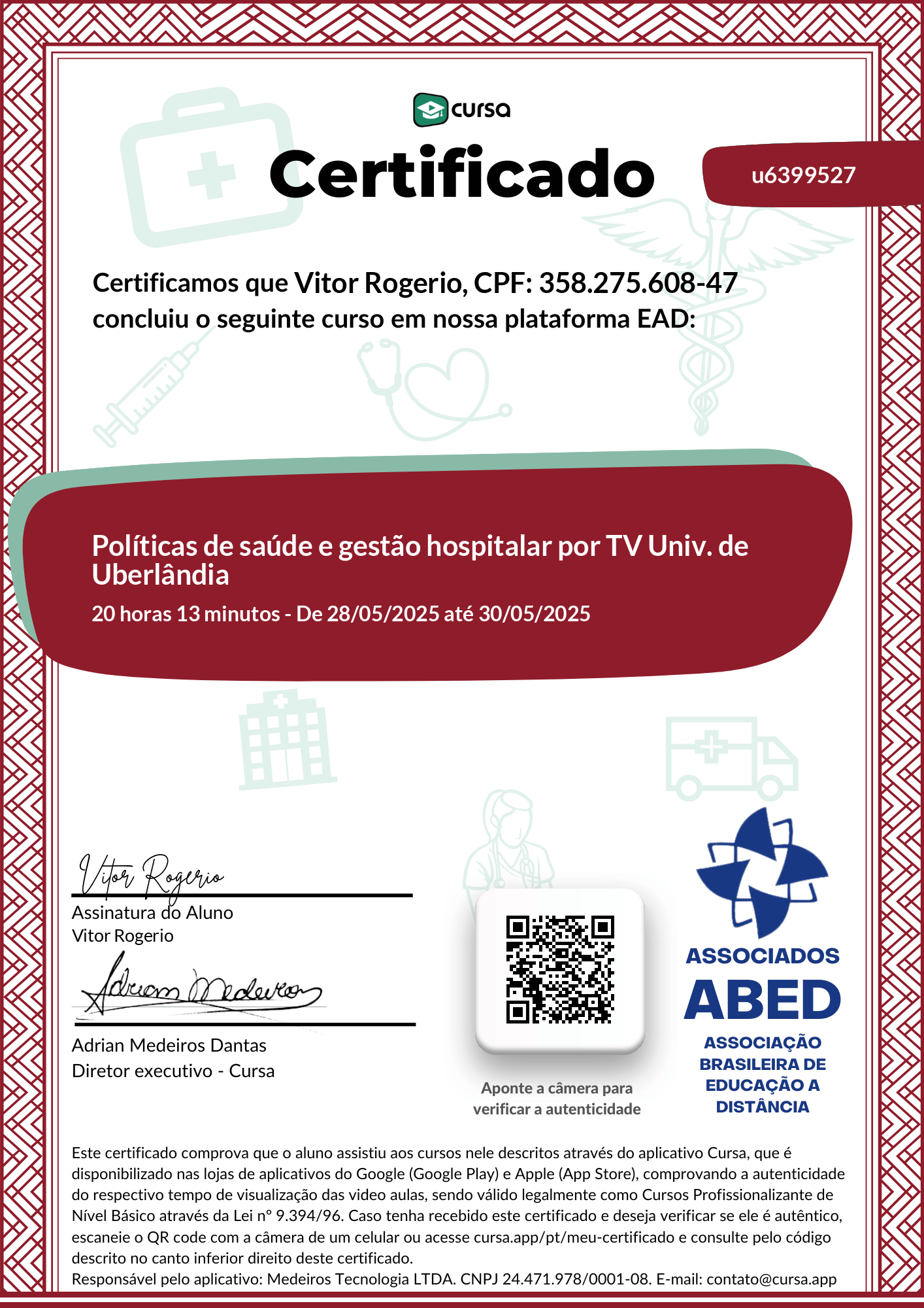 Imagem do meu Certificado gratuito de conclusão de curso.