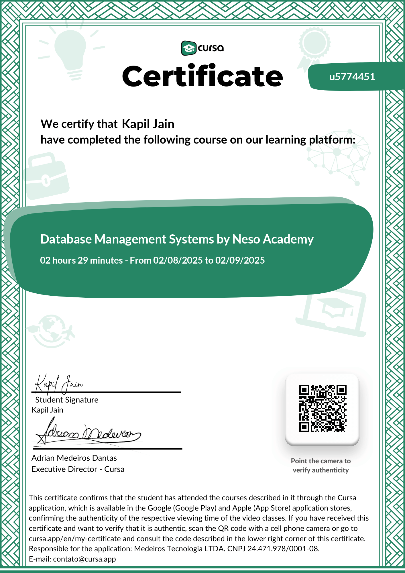 Image of my free Course Completion Certificate.