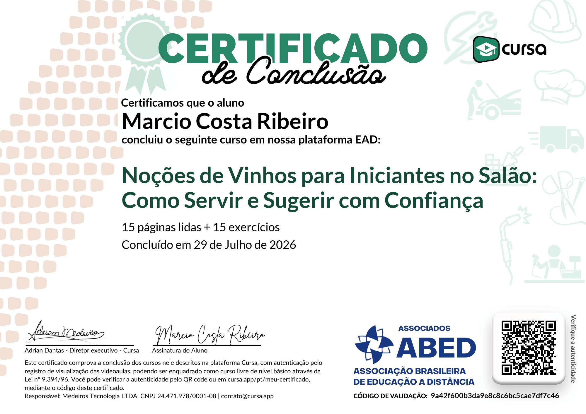 Imagem do meu Certificado gratuito de conclusão de curso.