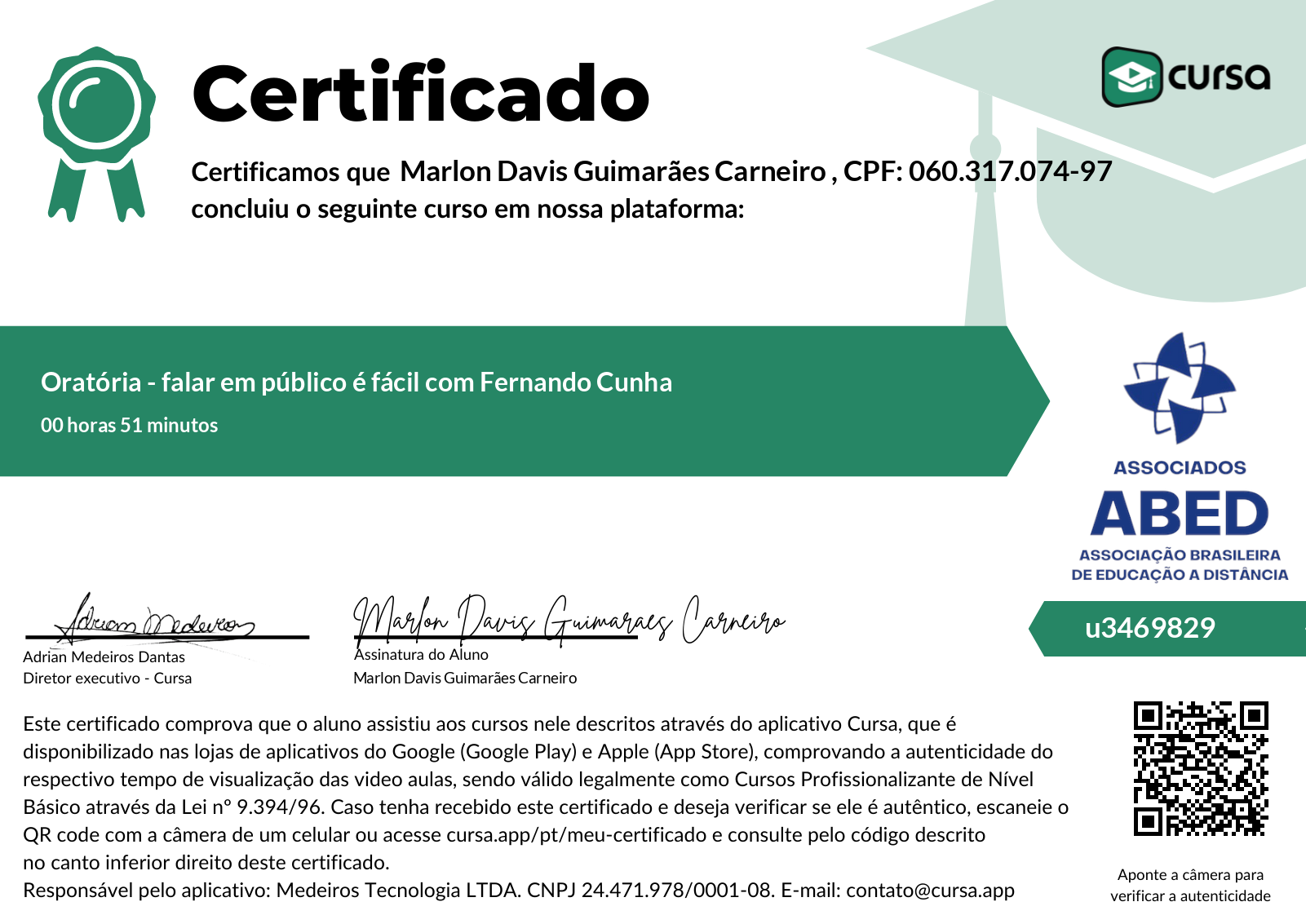 Imagem do meu Certificado gratuito de conclusão de curso.