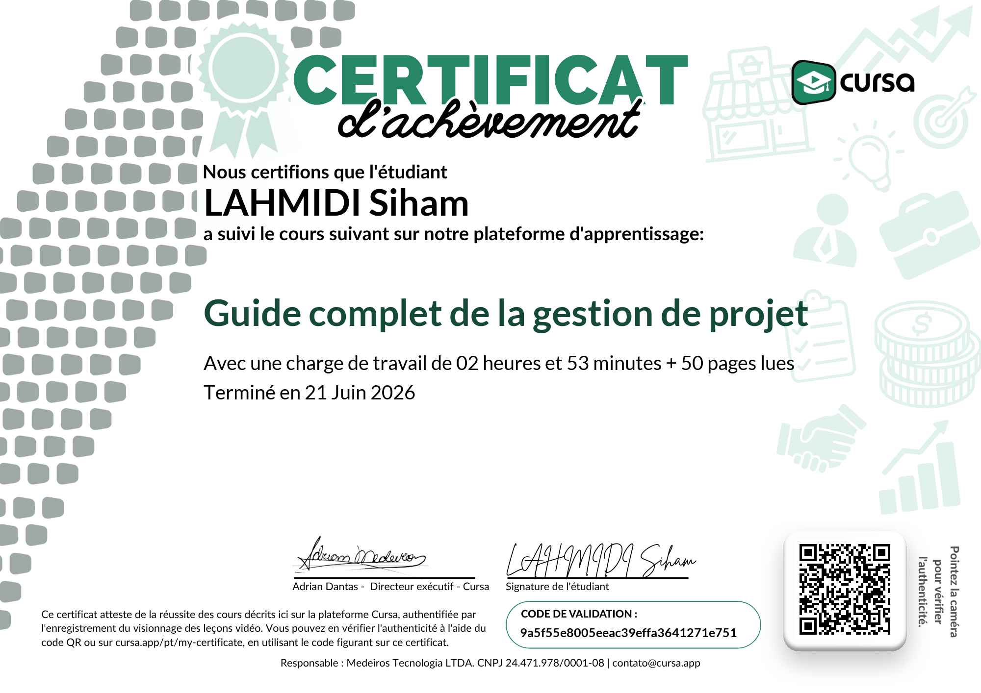 Image de mon certificat de fin de cours gratuit.