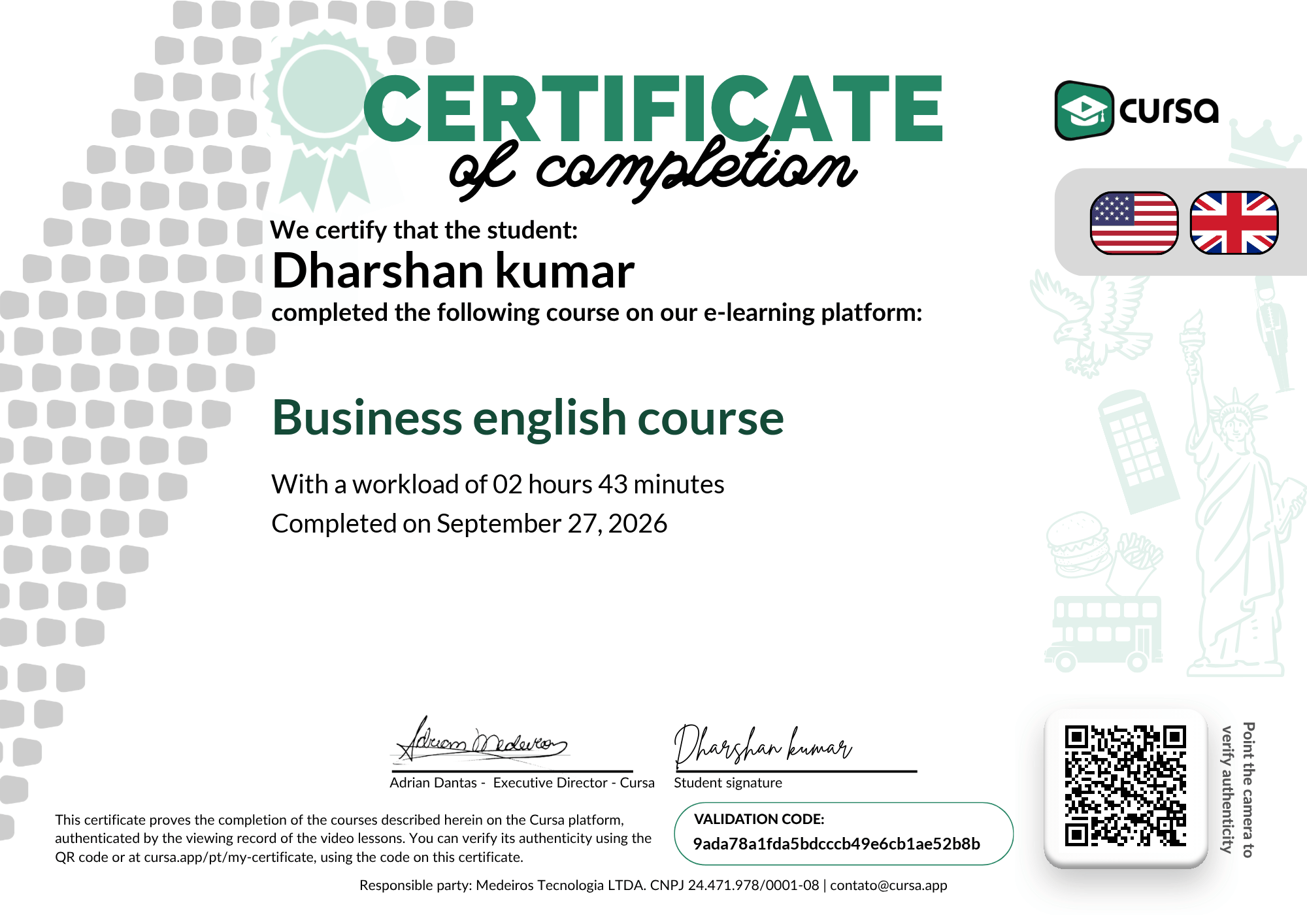 Image of my free Course Completion Certificate.