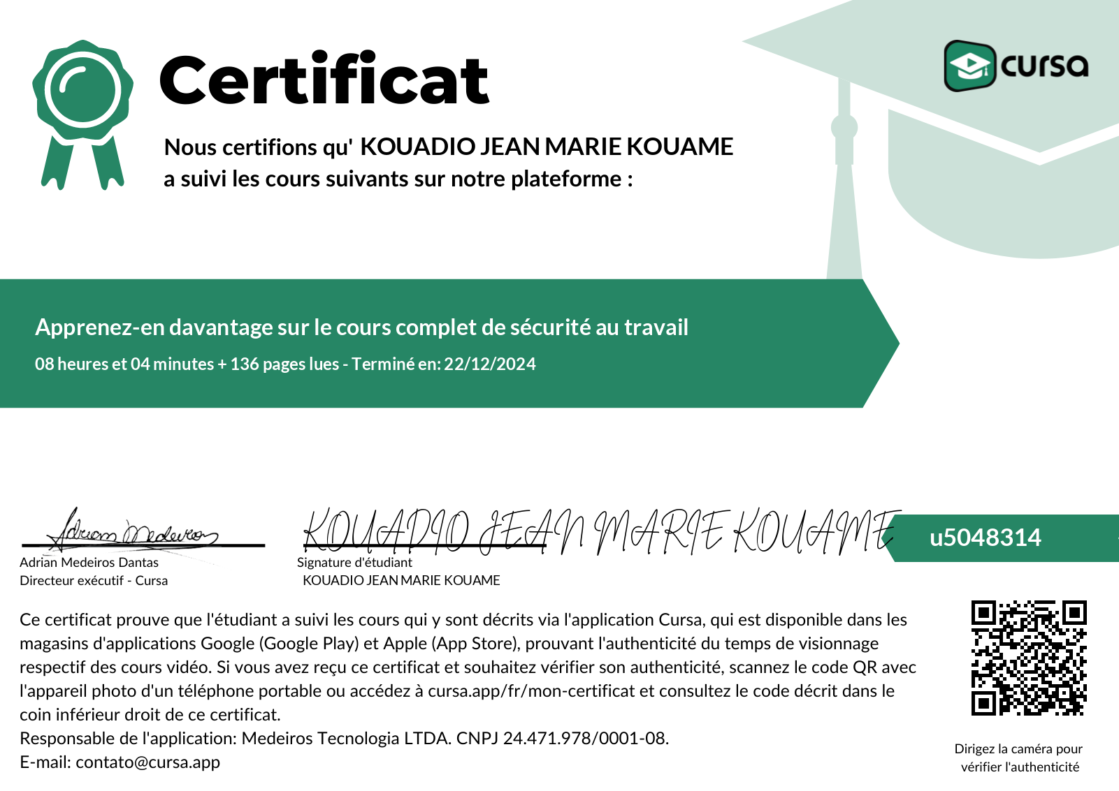 Image de mon certificat de fin de cours gratuit.