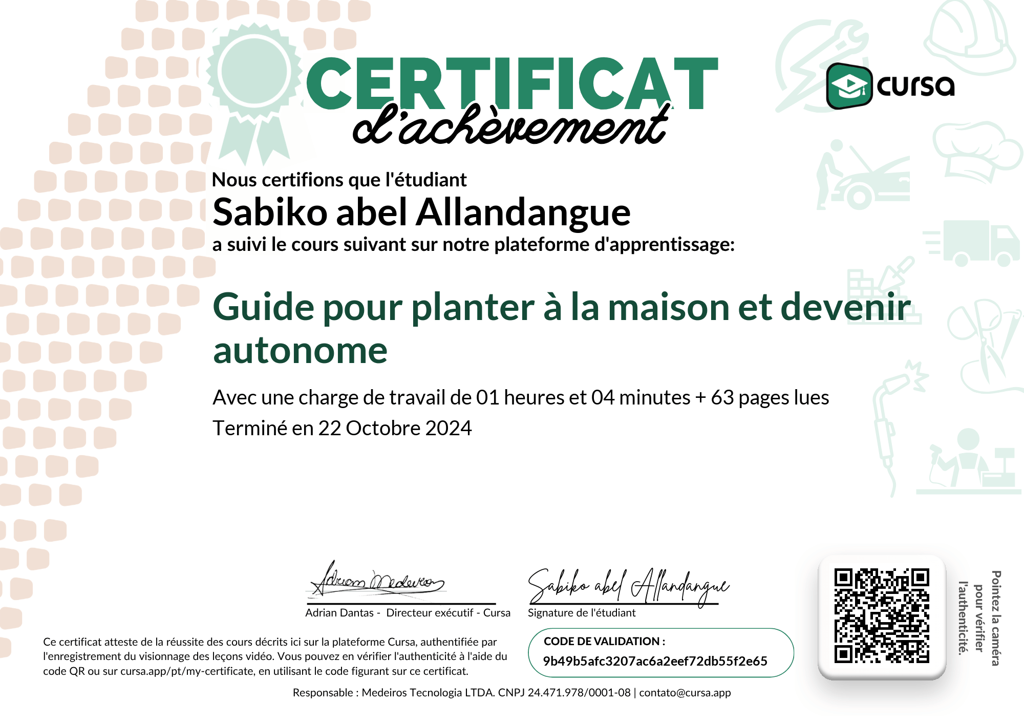 Image de mon certificat de fin de cours gratuit.