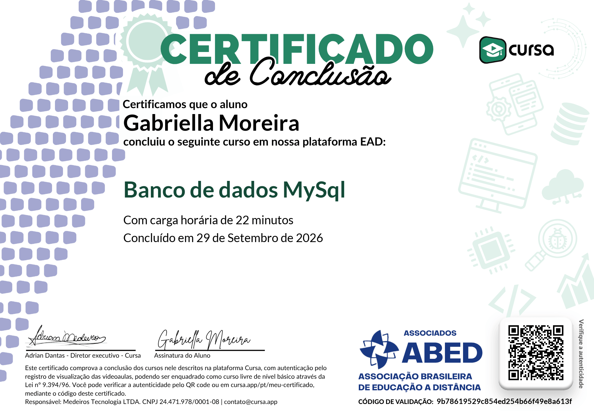 Imagem do meu Certificado gratuito de conclusão de curso.