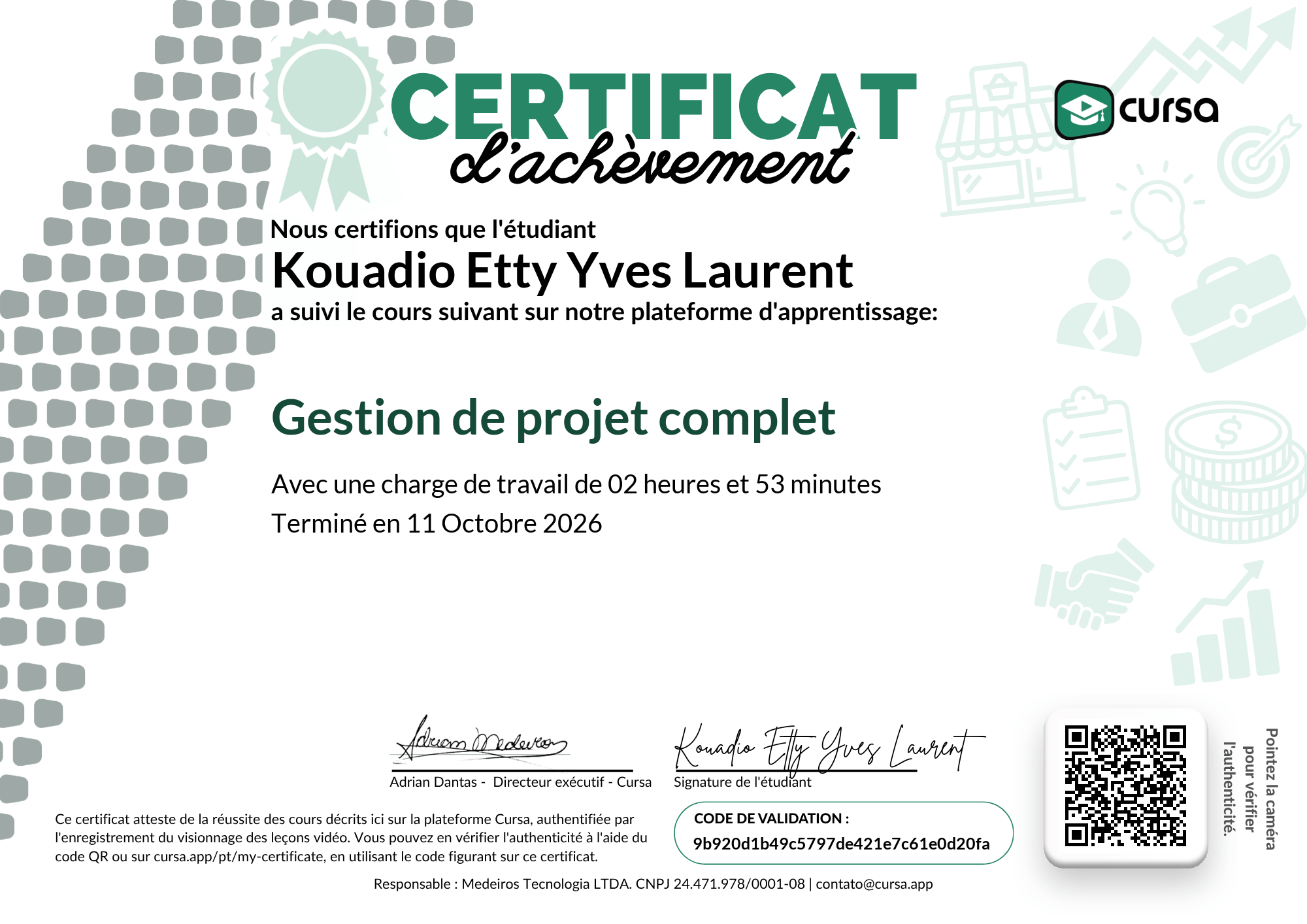 Image de mon certificat de fin de cours gratuit.