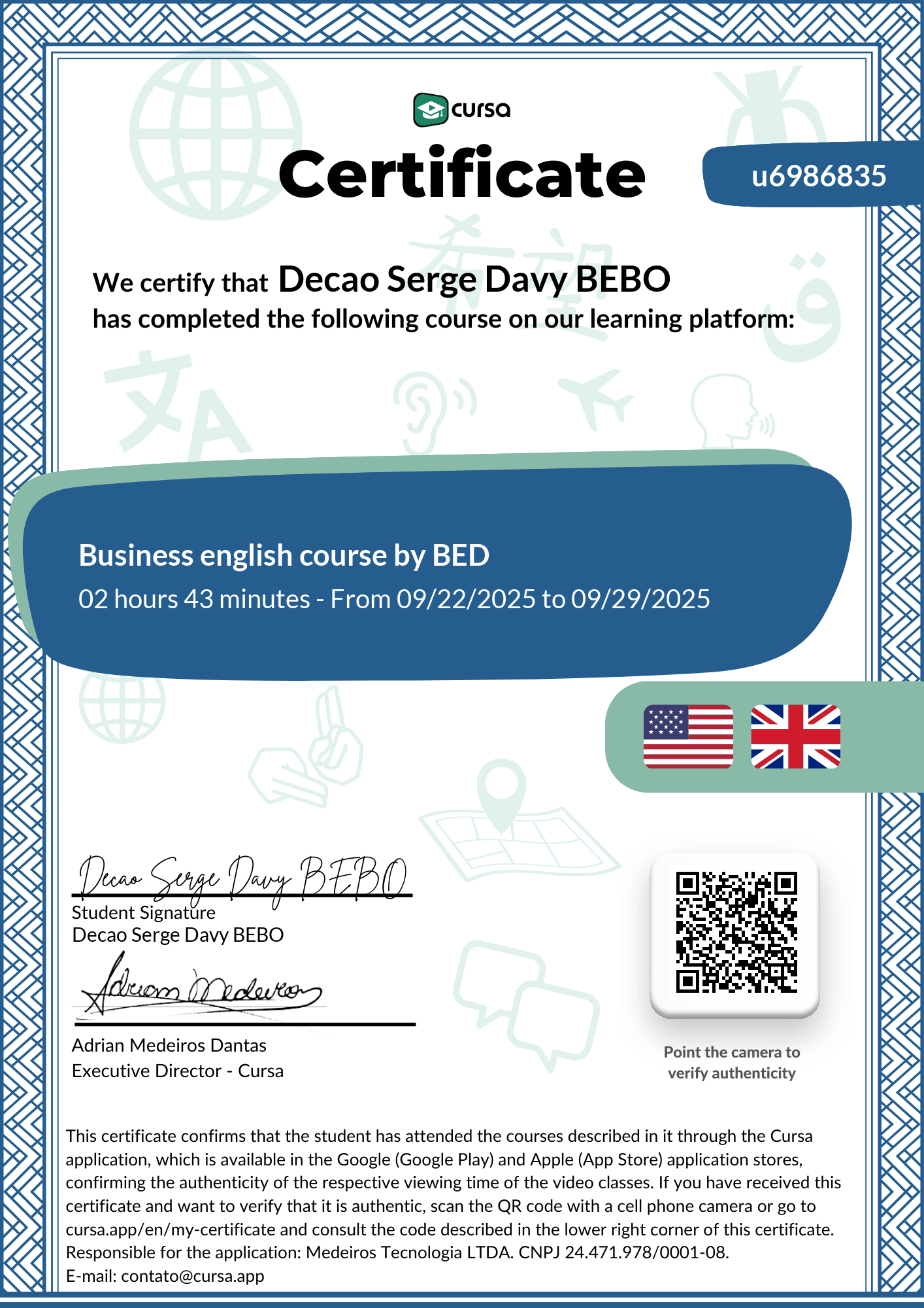 Image of my free Course Completion Certificate.