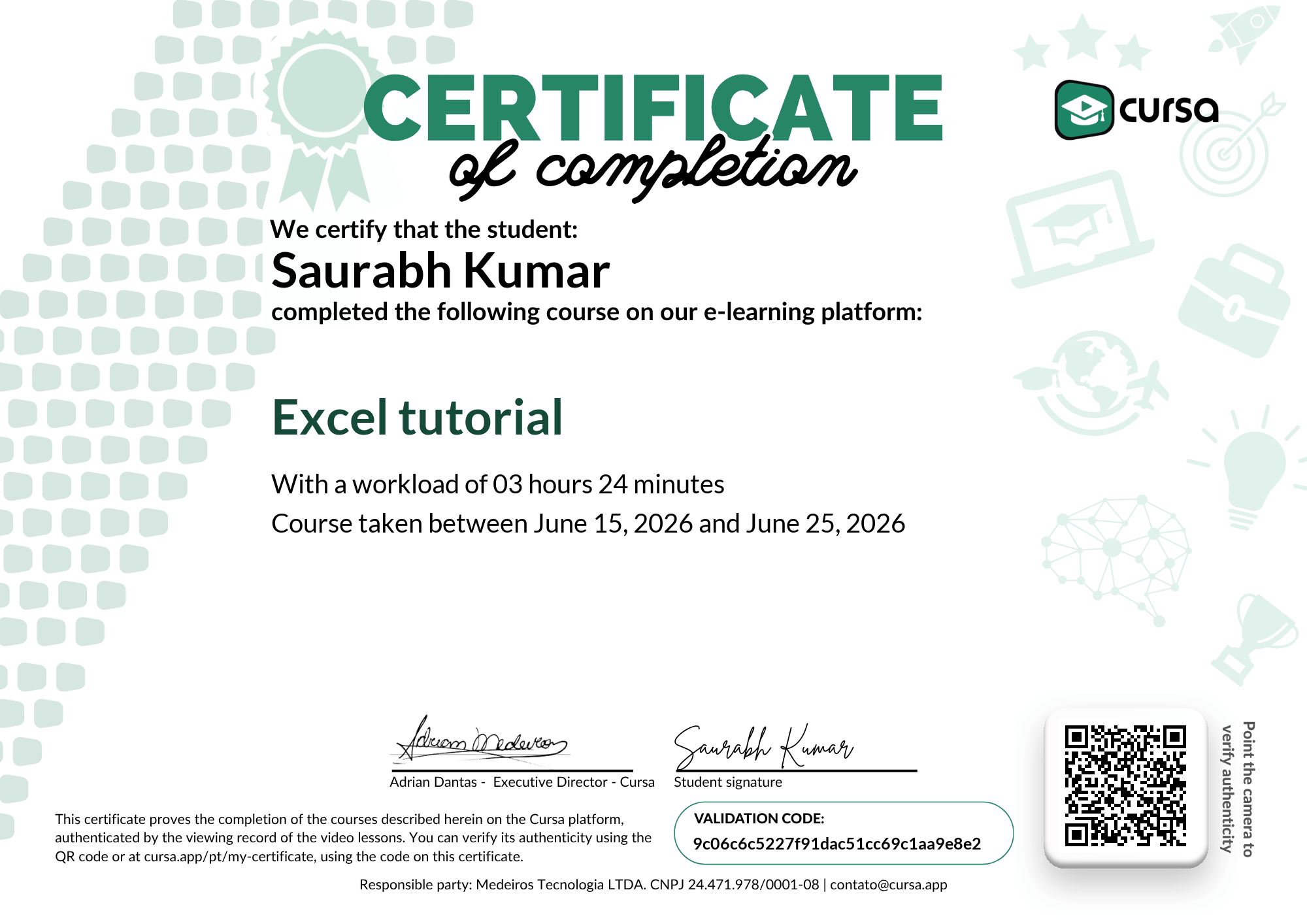Image of my free Course Completion Certificate.