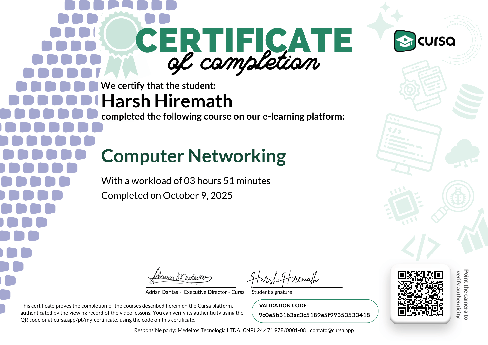Image of my free Course Completion Certificate.