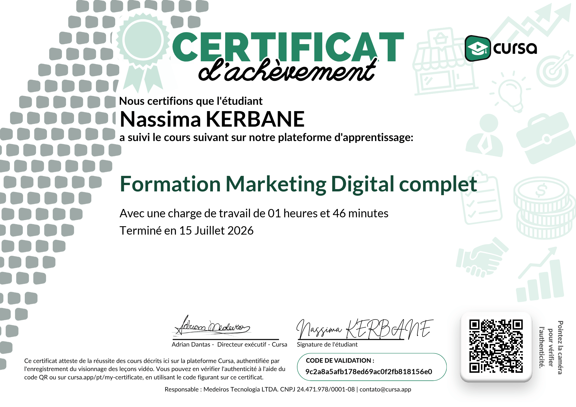 Image de mon certificat de fin de cours gratuit.