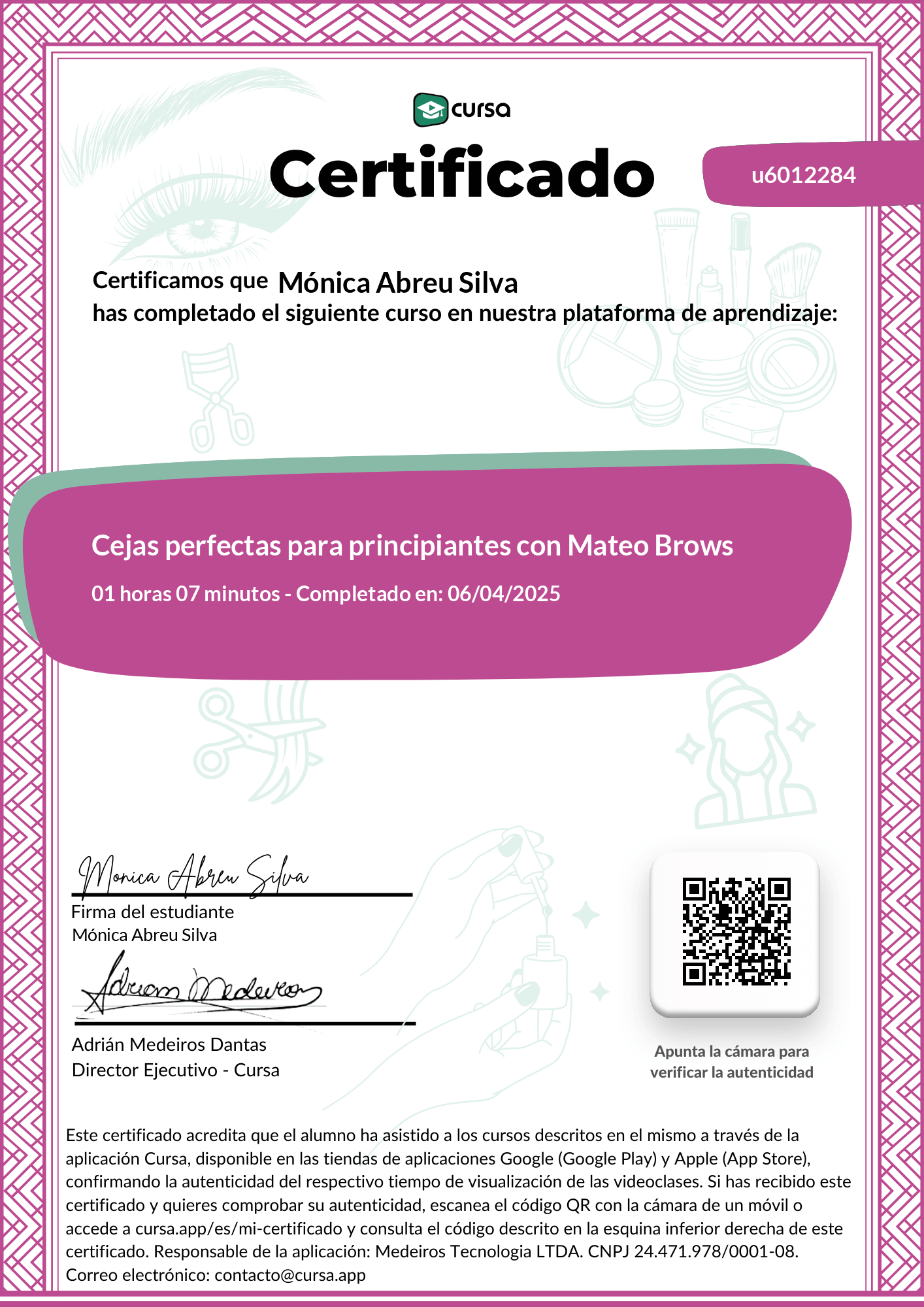 Imagen de mi Certificado de finalización del curso gratuito.