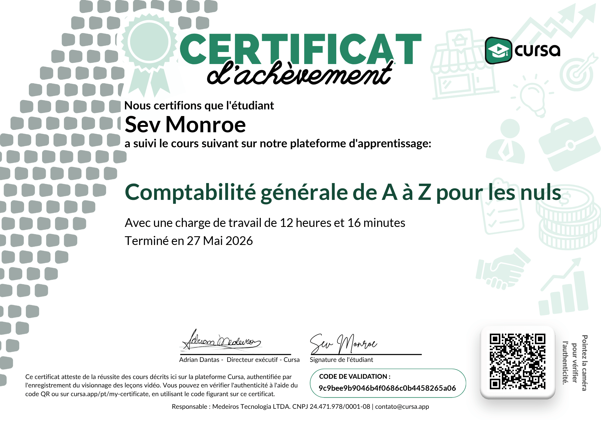 Image de mon certificat de fin de cours gratuit.