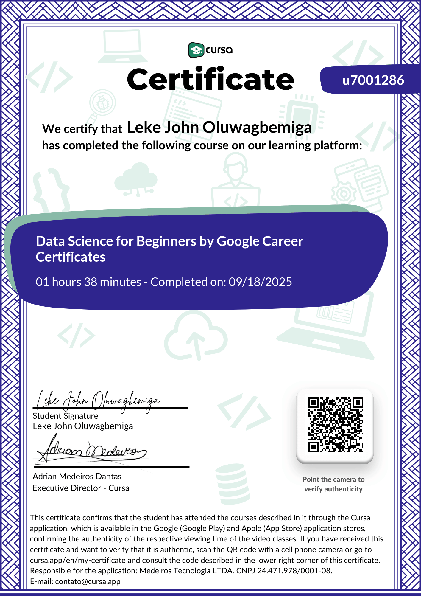 Image of my free Course Completion Certificate.