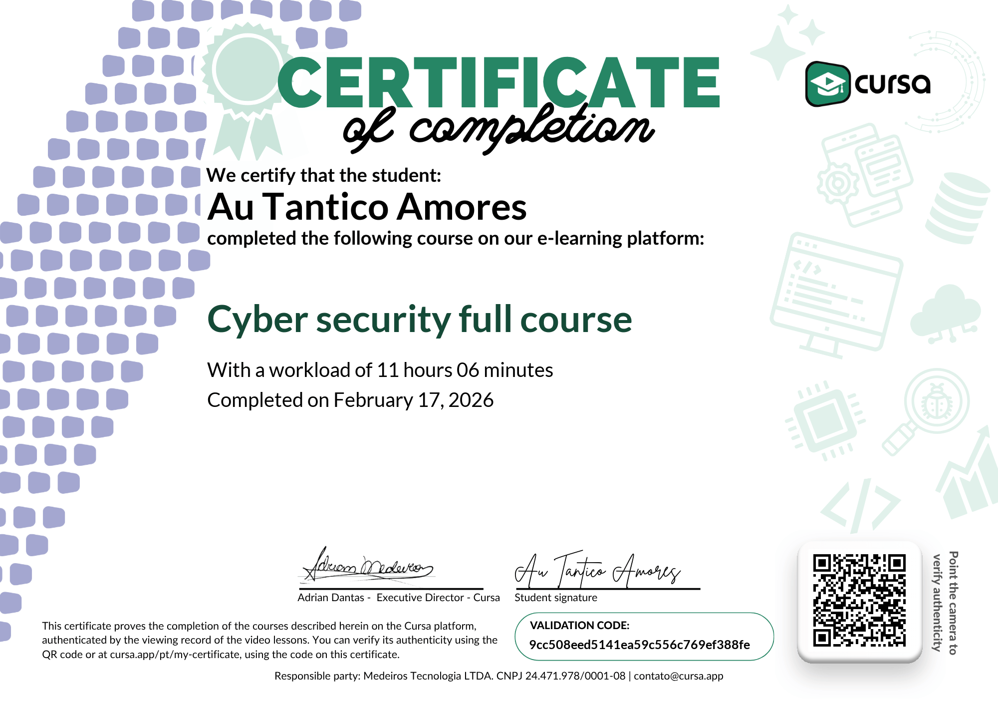 Image of my free Course Completion Certificate.
