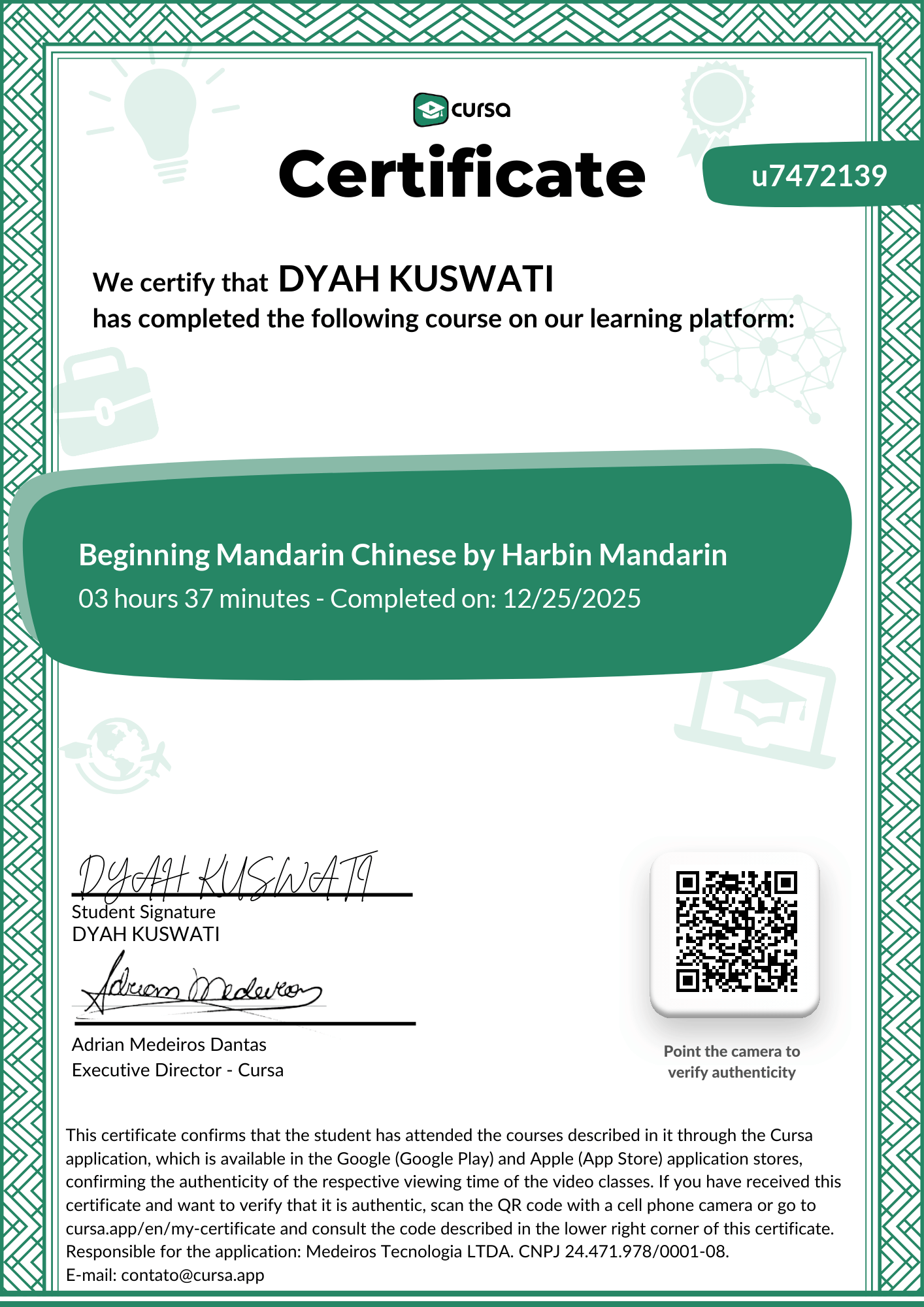 Image of my free Course Completion Certificate.