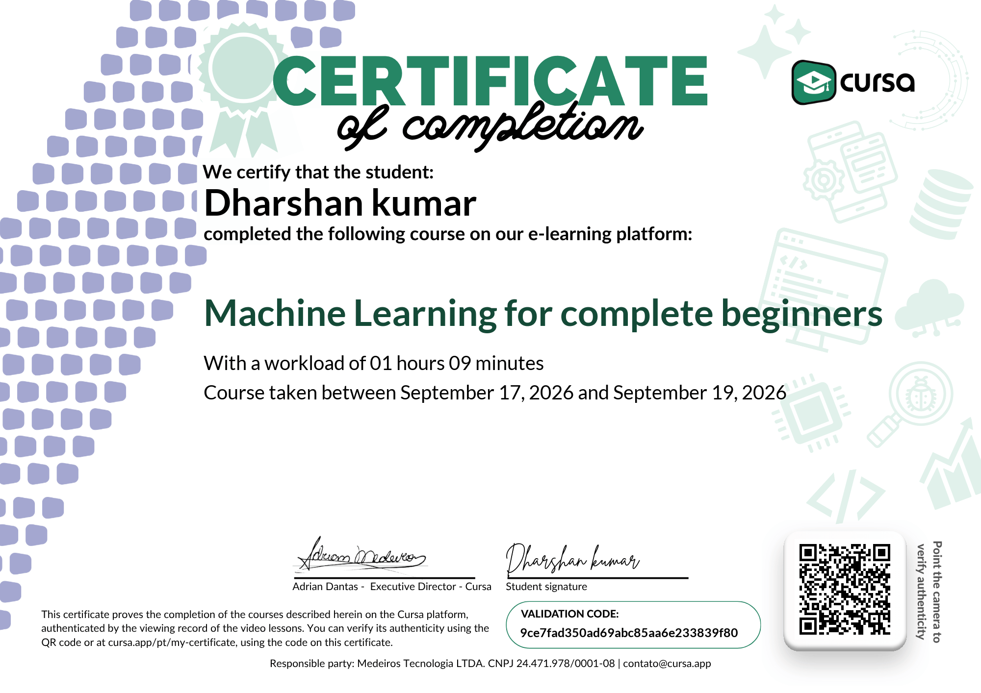 Image of my free Course Completion Certificate.