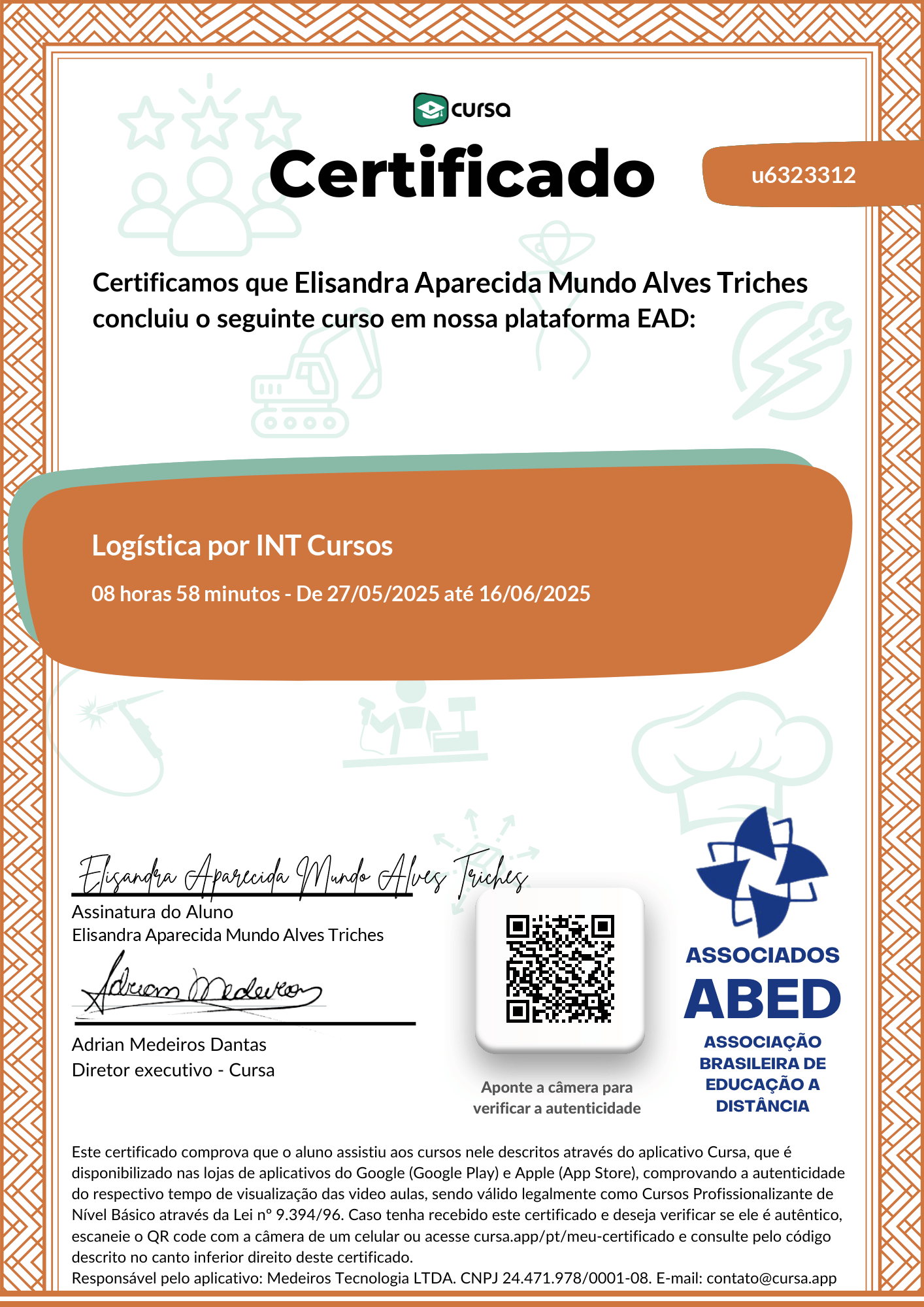 Imagem do meu Certificado gratuito de conclusão de curso.