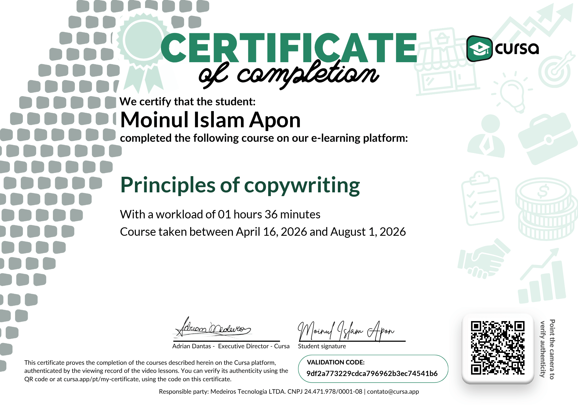 Image of my free Course Completion Certificate.