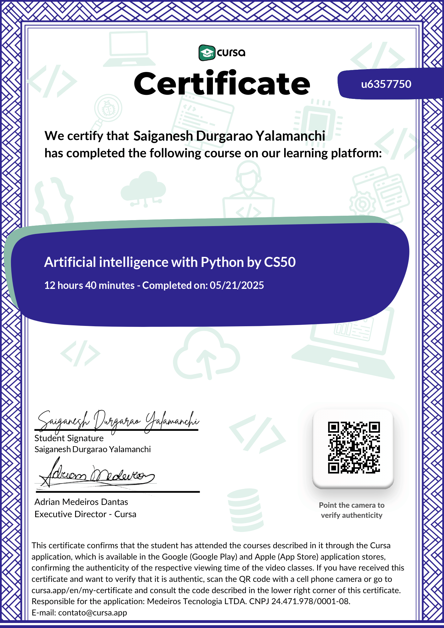 Image of my free Course Completion Certificate.