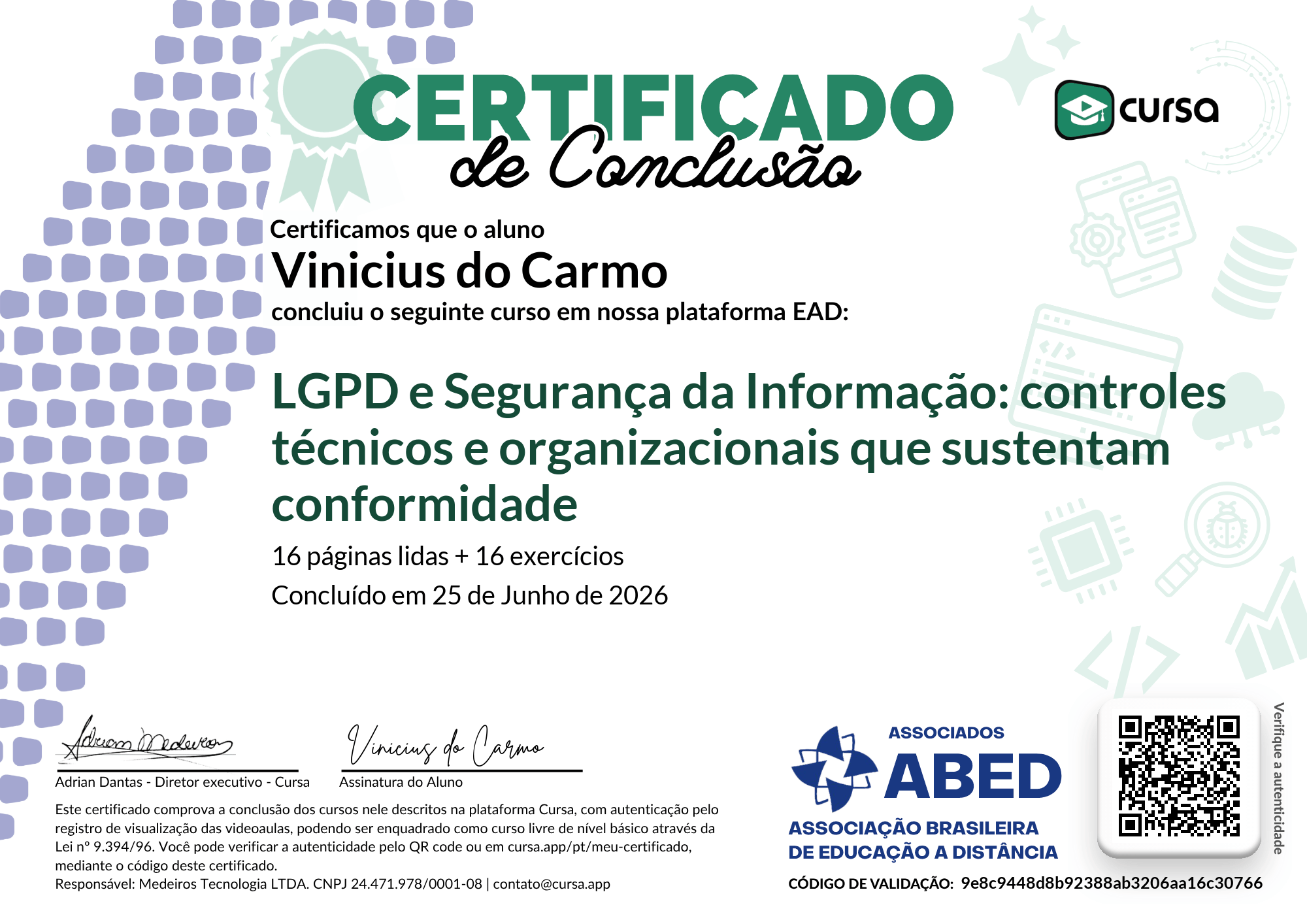 Imagem do meu Certificado gratuito de conclusão de curso.