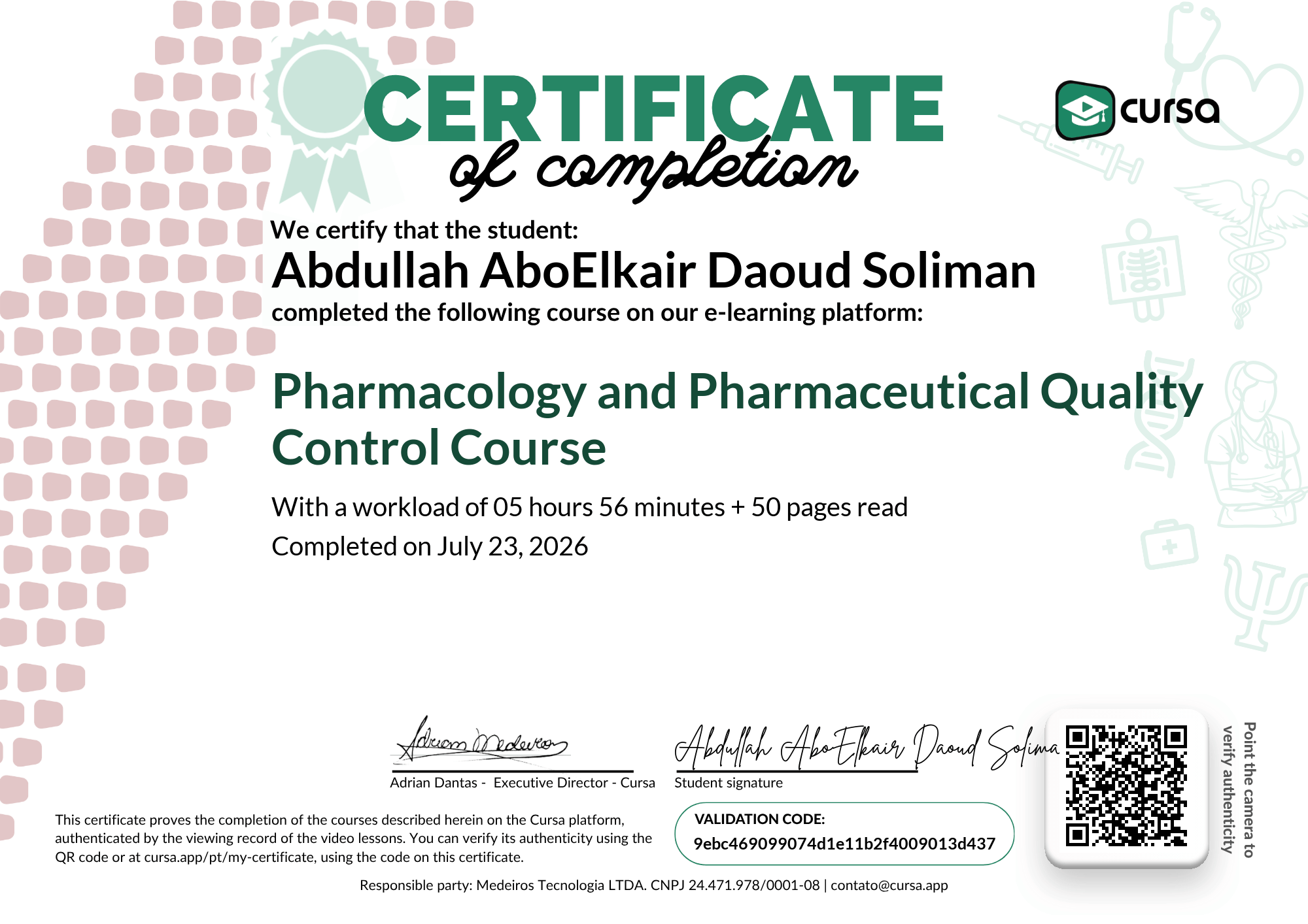 Image of my free Course Completion Certificate.