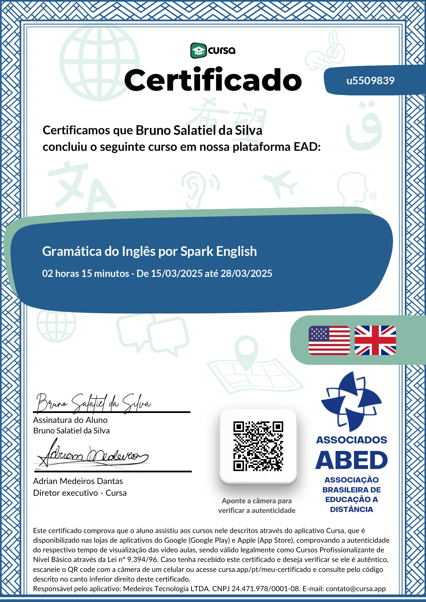 Imagem do meu Certificado gratuito de conclusão de curso.