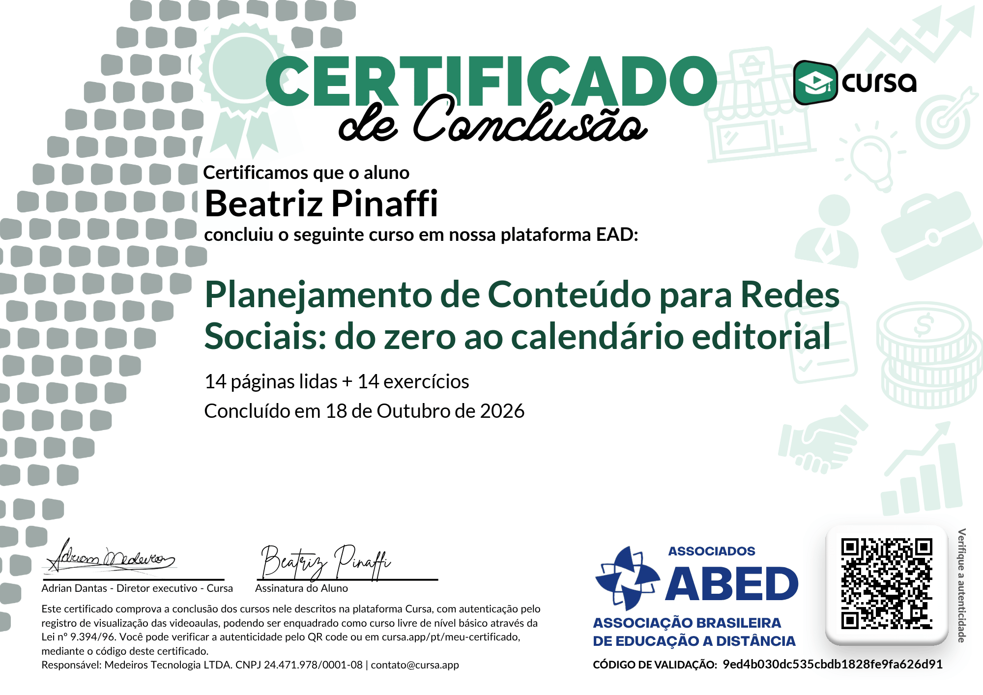 Imagem do meu Certificado gratuito de conclusão de curso.