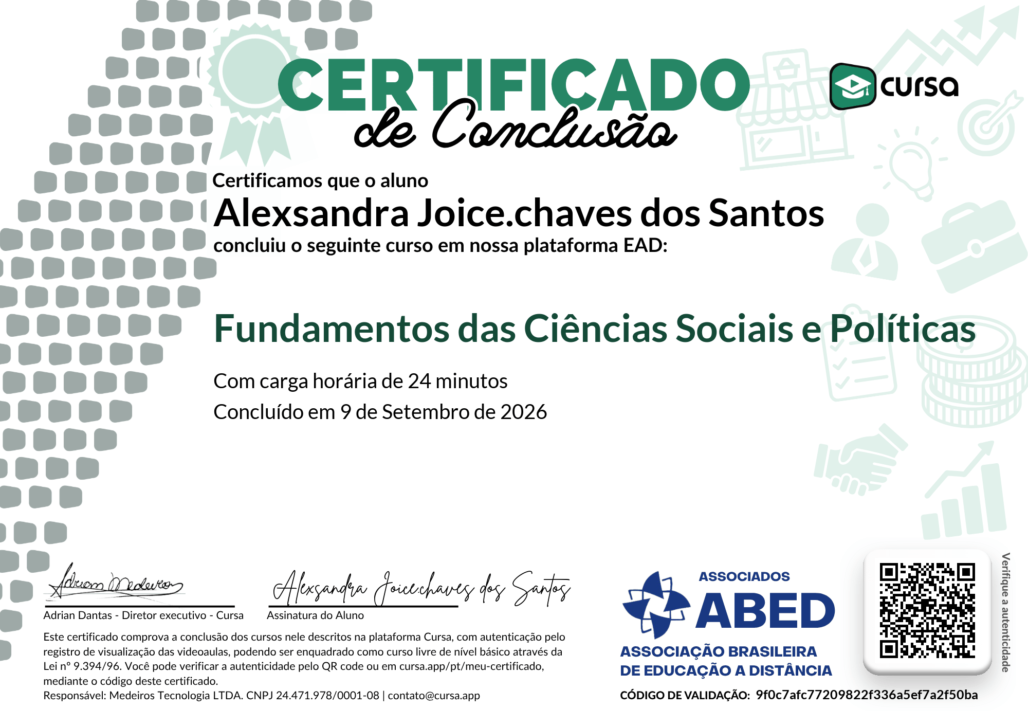 Imagem do meu Certificado gratuito de conclusão de curso.