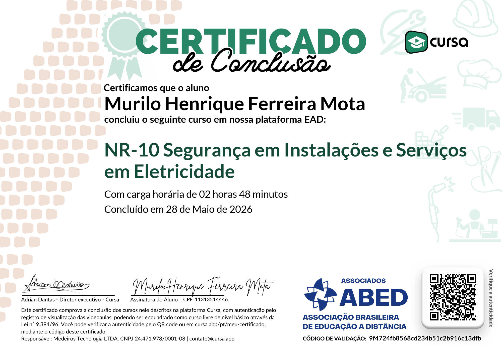 Imagem do meu Certificado gratuito de conclusão de curso.
