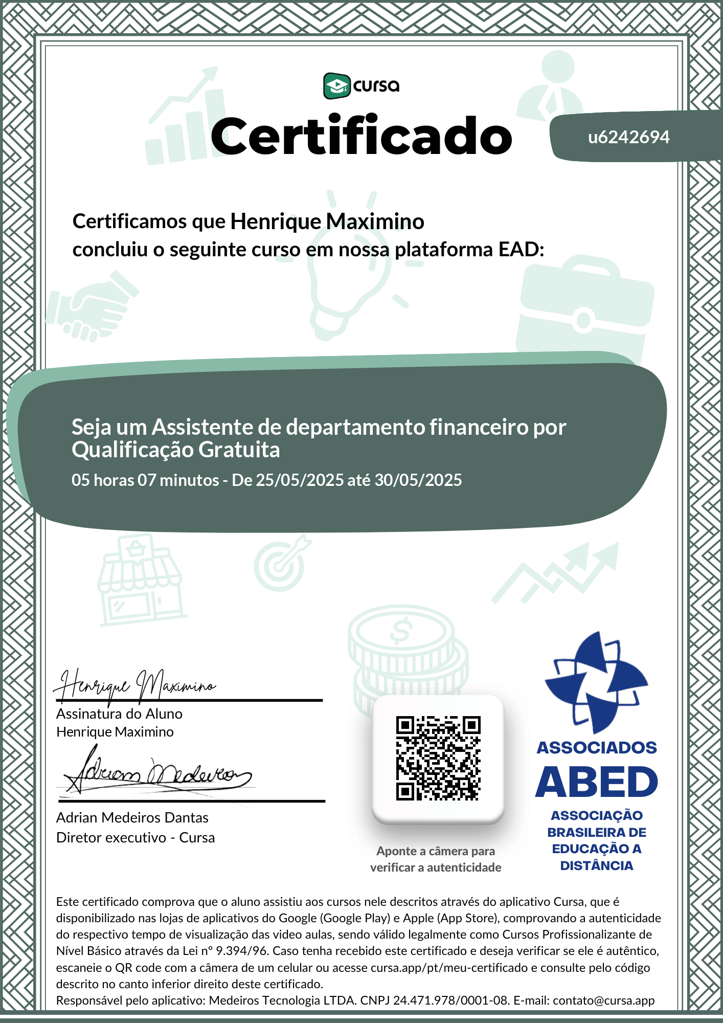 Imagem do meu Certificado gratuito de conclusão de curso.