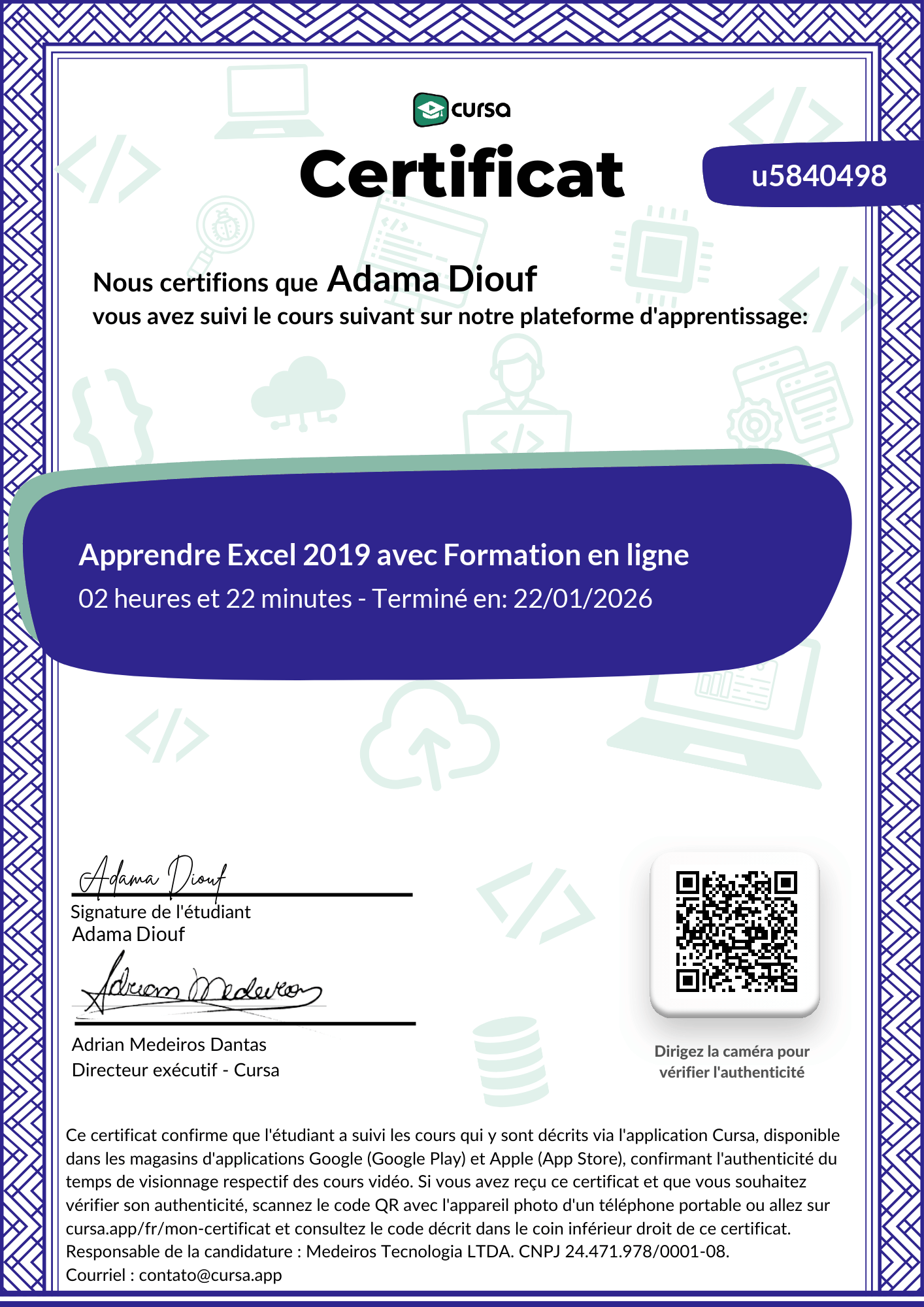 Image de mon certificat de fin de cours gratuit.