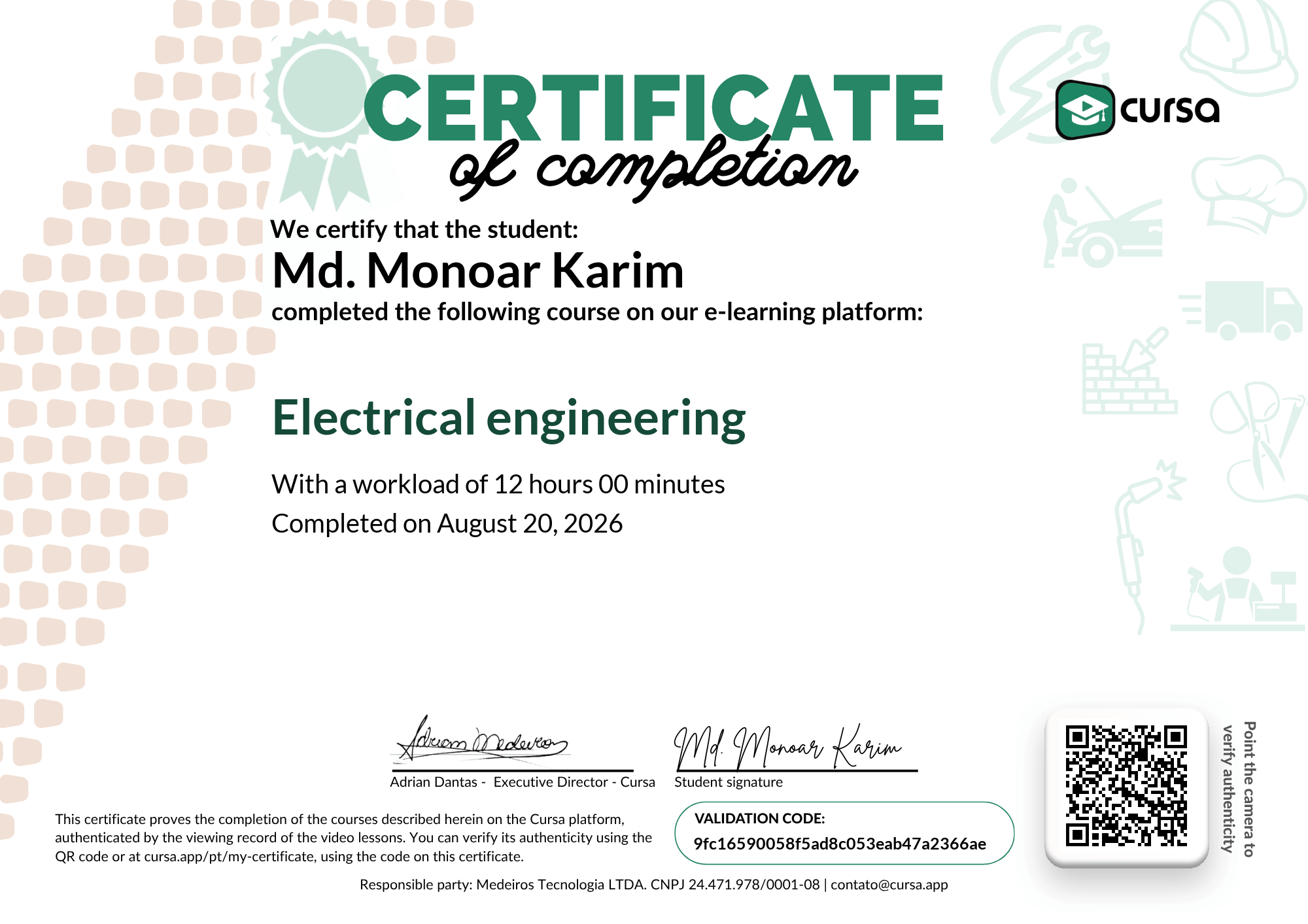 Image of my free Course Completion Certificate.