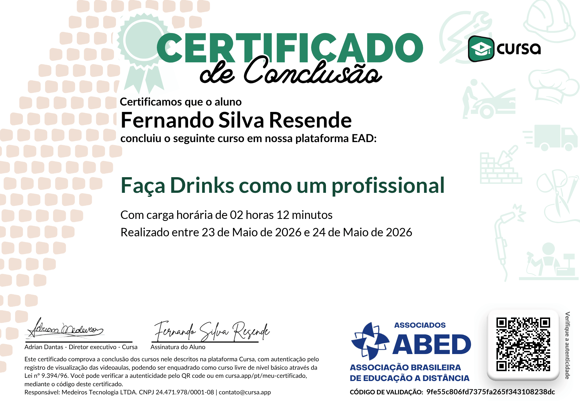 Imagem do meu Certificado gratuito de conclusão de curso.