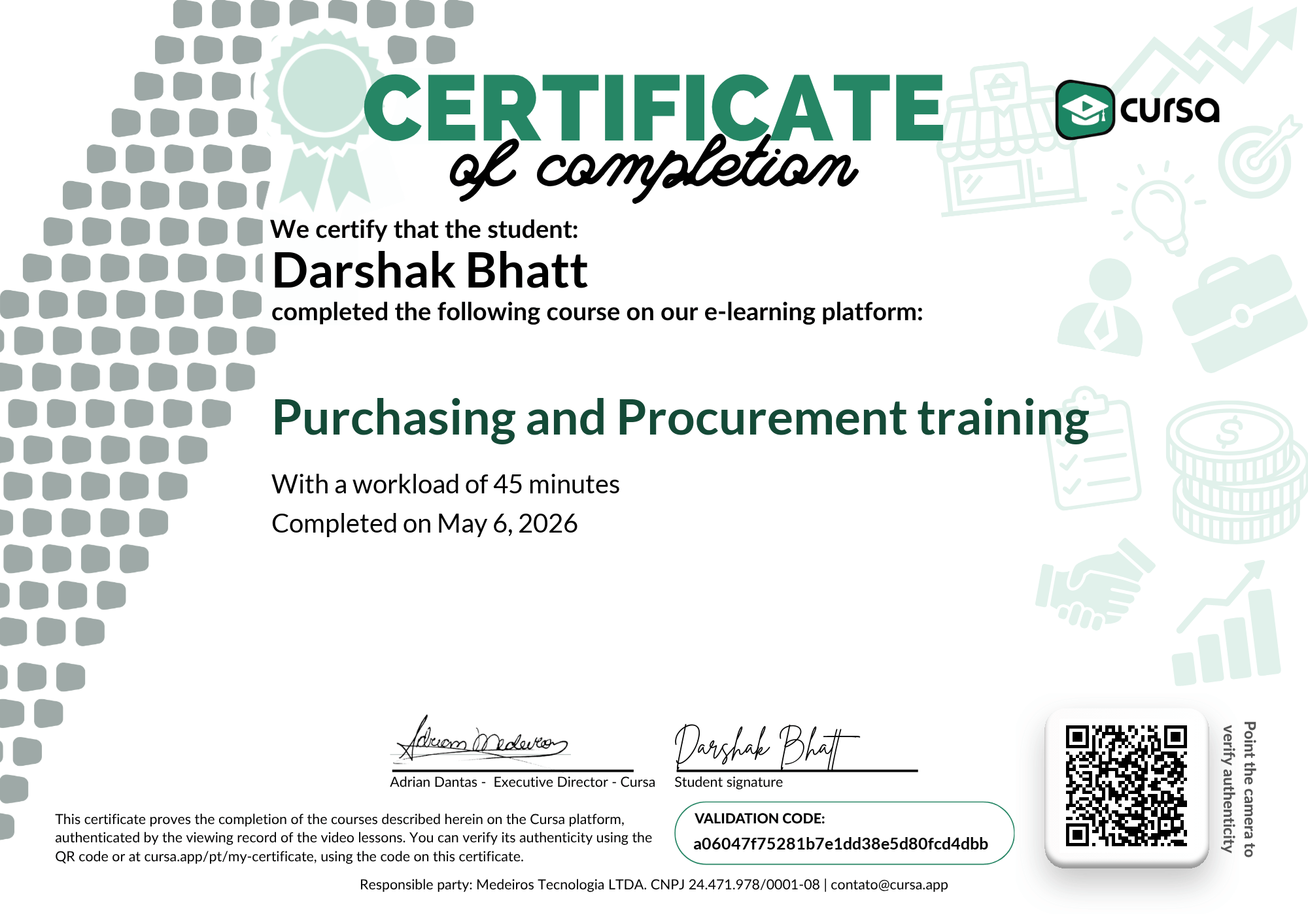 Image of my free Course Completion Certificate.
