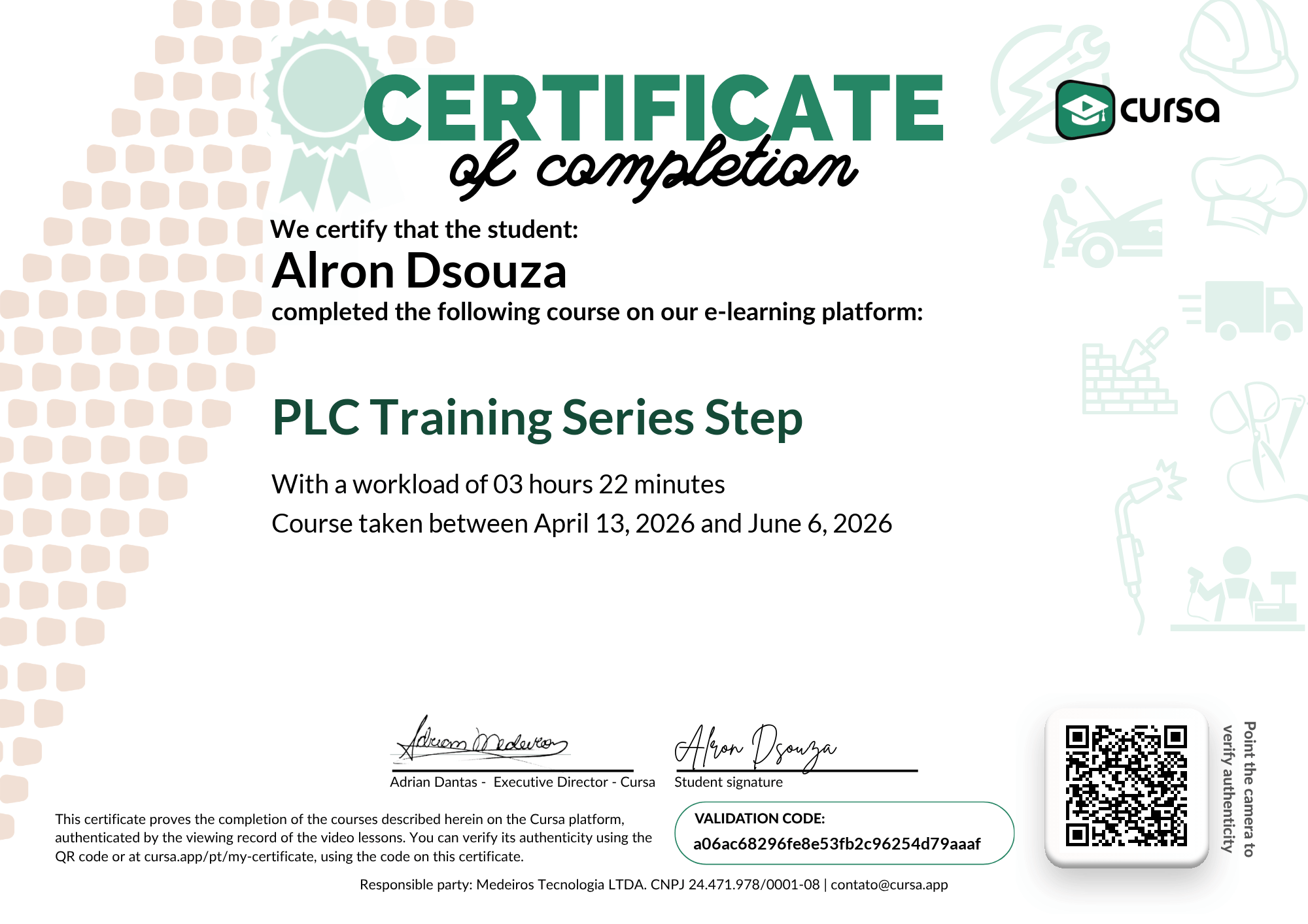 Image of my free Course Completion Certificate.