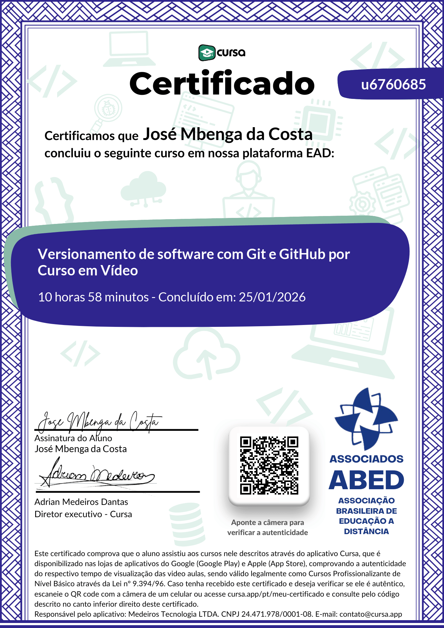 Imagem do meu Certificado gratuito de conclusão de curso.