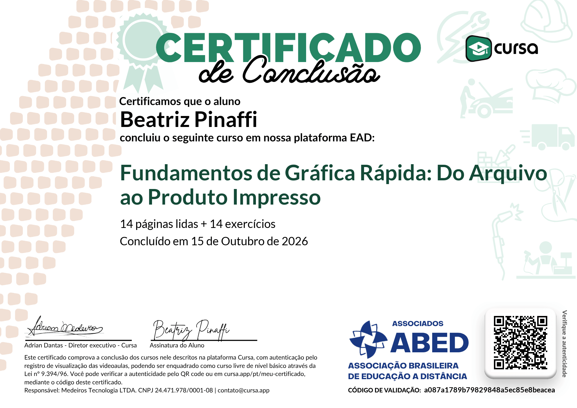 Imagem do meu Certificado gratuito de conclusão de curso.