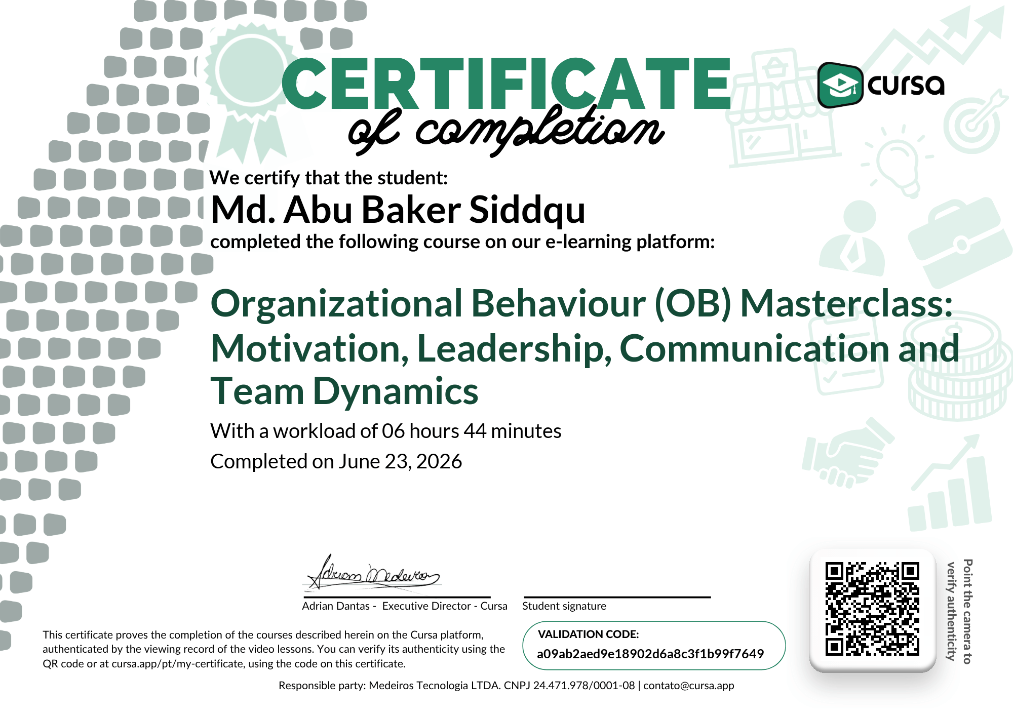 Image of my free Course Completion Certificate.