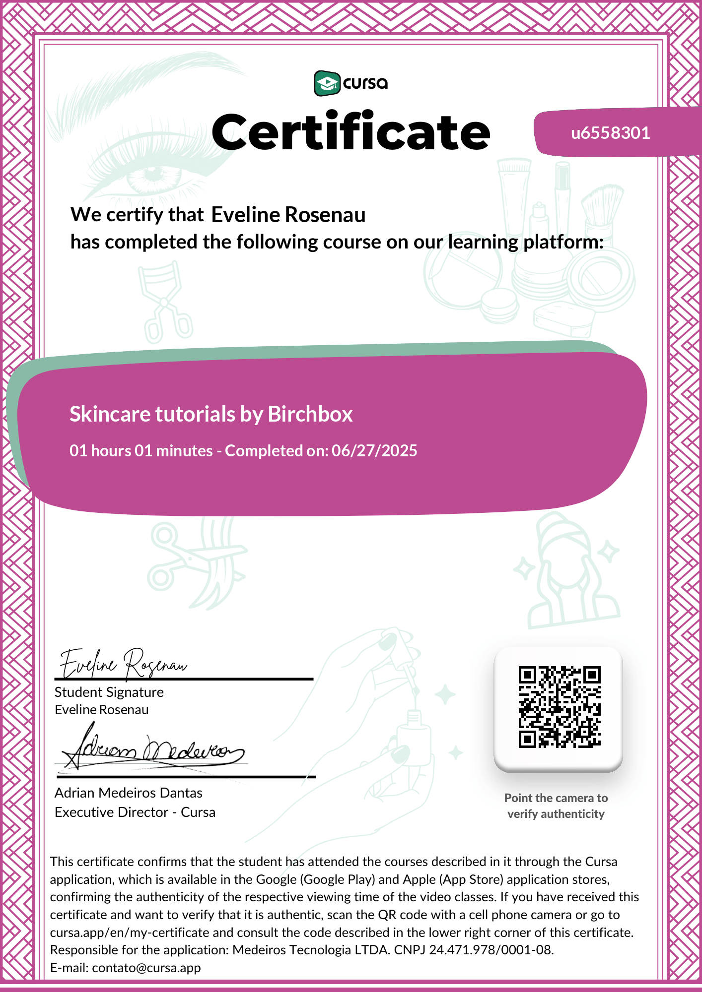 Image of my free Course Completion Certificate.