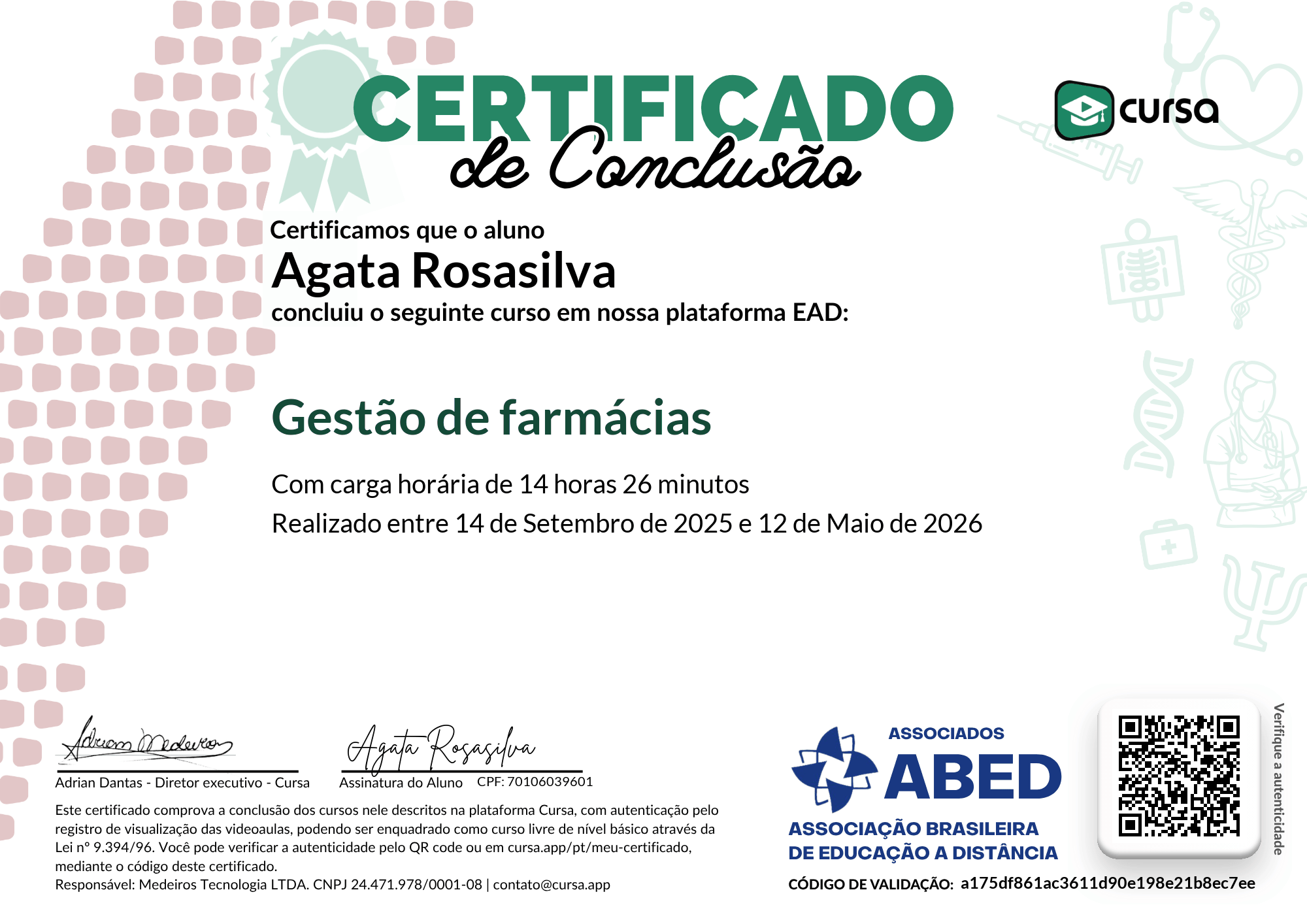 Imagem do meu Certificado gratuito de conclusão de curso.