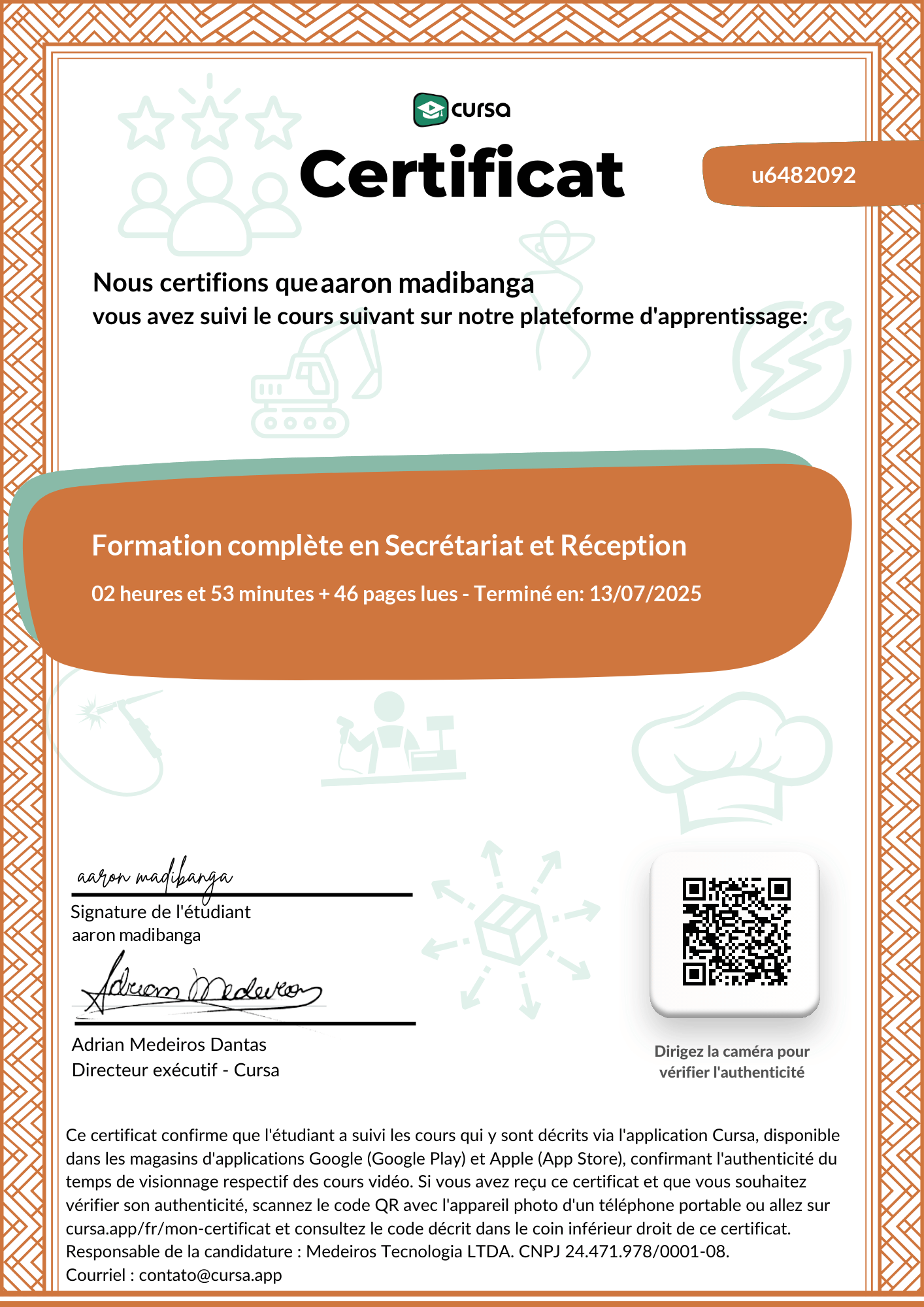 Image de mon certificat de fin de cours gratuit.