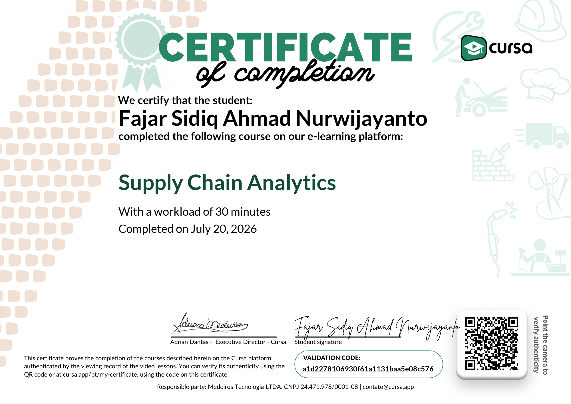 Image of my free Course Completion Certificate.