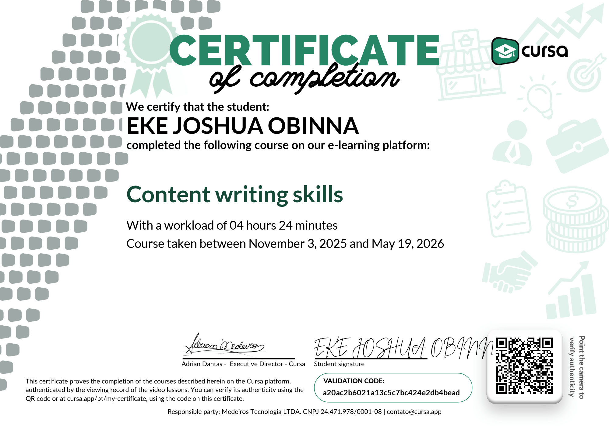 Image of my free Course Completion Certificate.