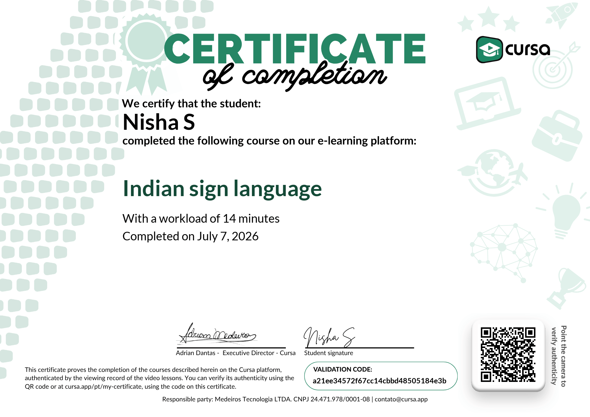 Image of my free Course Completion Certificate.