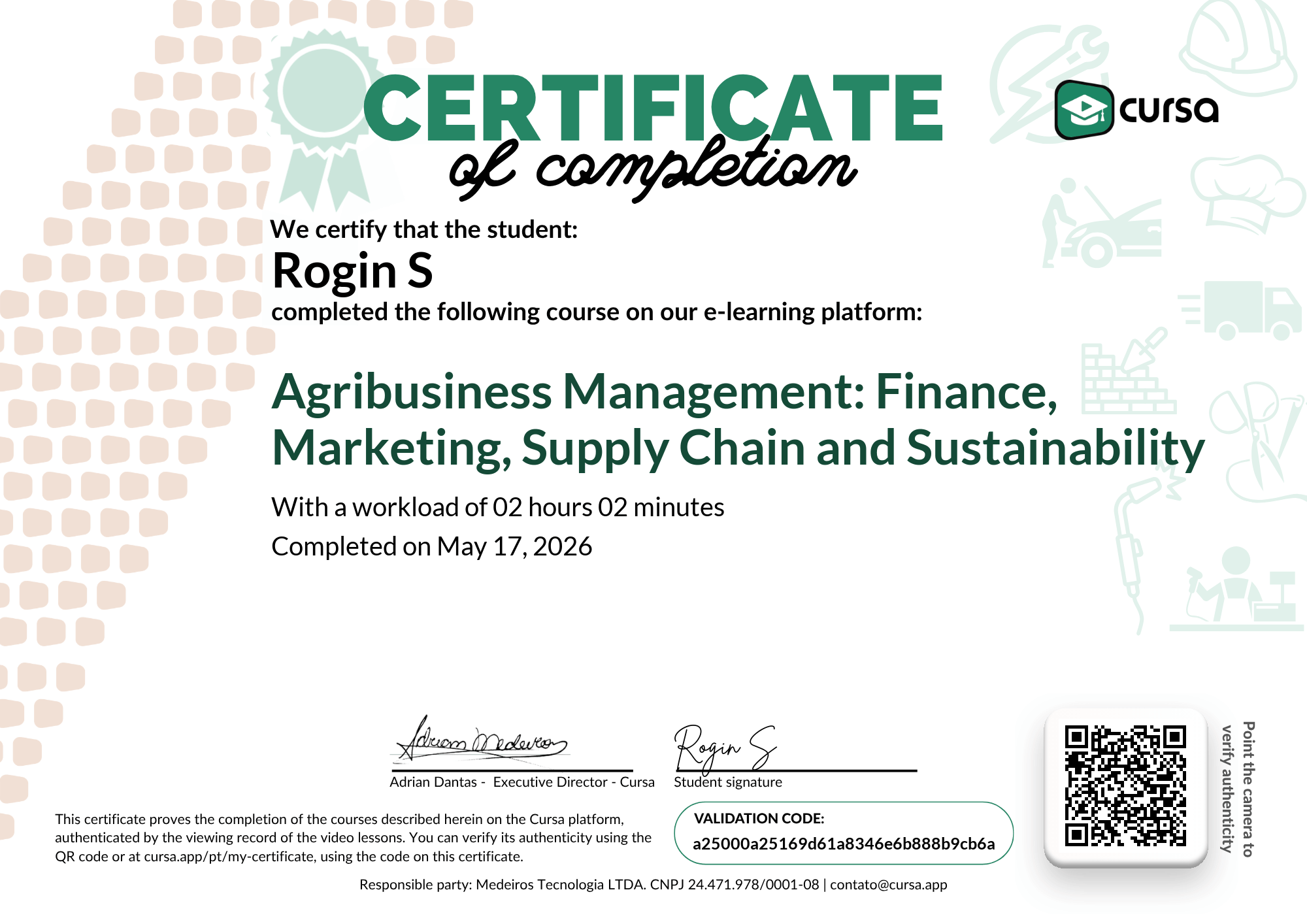 Image of my free Course Completion Certificate.