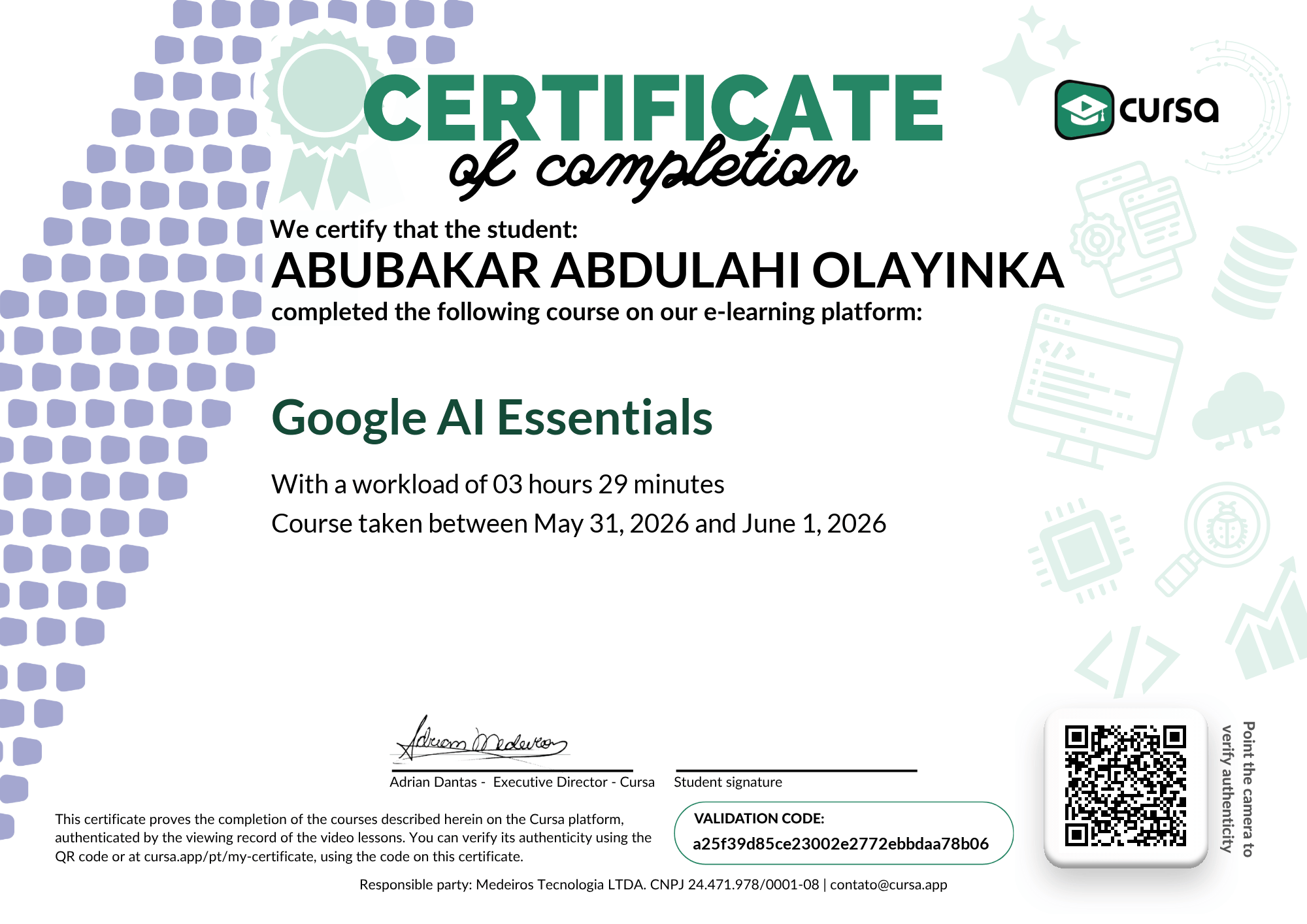 Image of my free Course Completion Certificate.