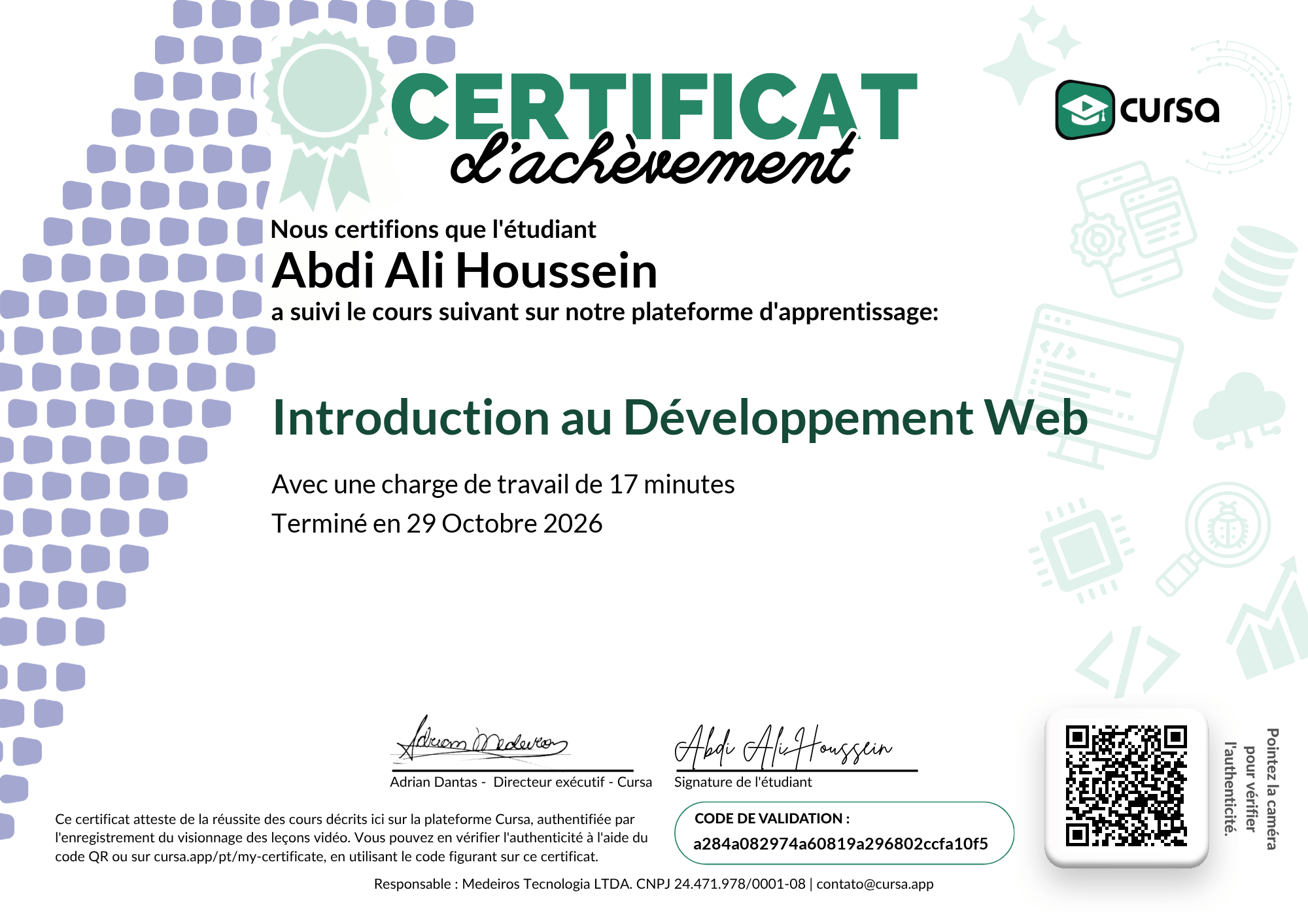 Image de mon certificat de fin de cours gratuit.